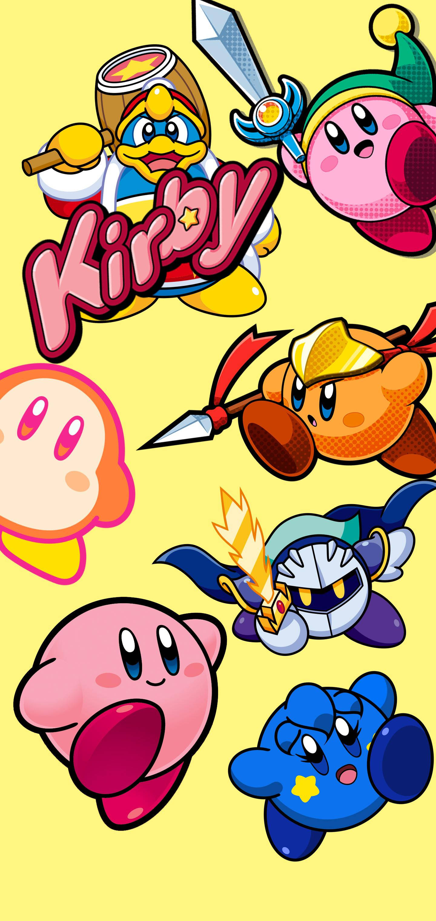 Kirby, Kirby characters, vibrant yellow background, 2K Phone Wallpaper