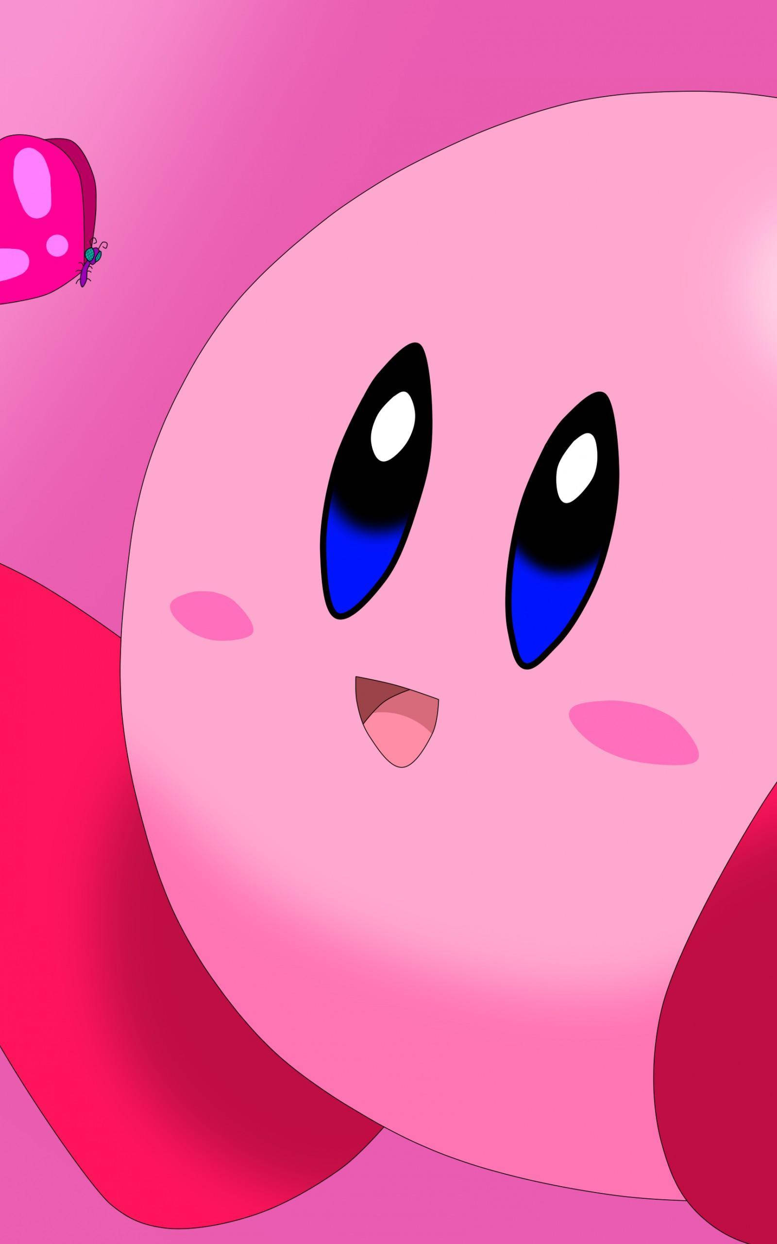 pink Kirby, anime character Kirby, big blue eyes, 2K Phone Wallpaper