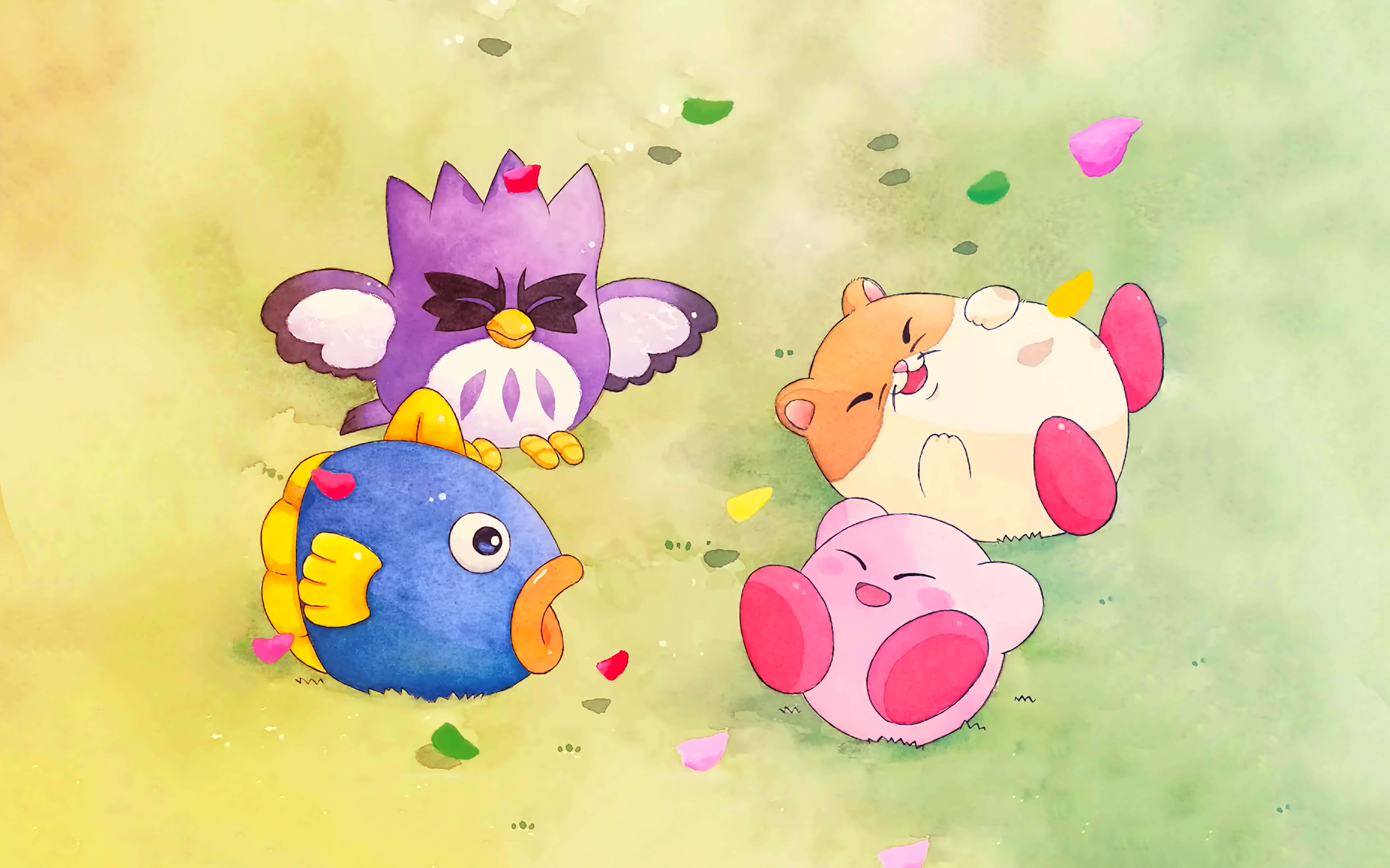 Kirby, friends, watercolor background, 8K Desktop Wallpaper