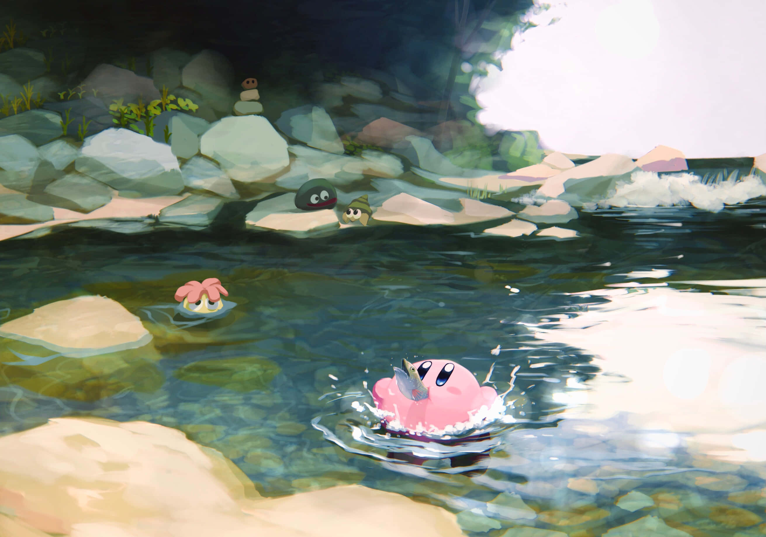Kirby, tranquil pond, sunlit cave pool, 2K Desktop Wallpaper