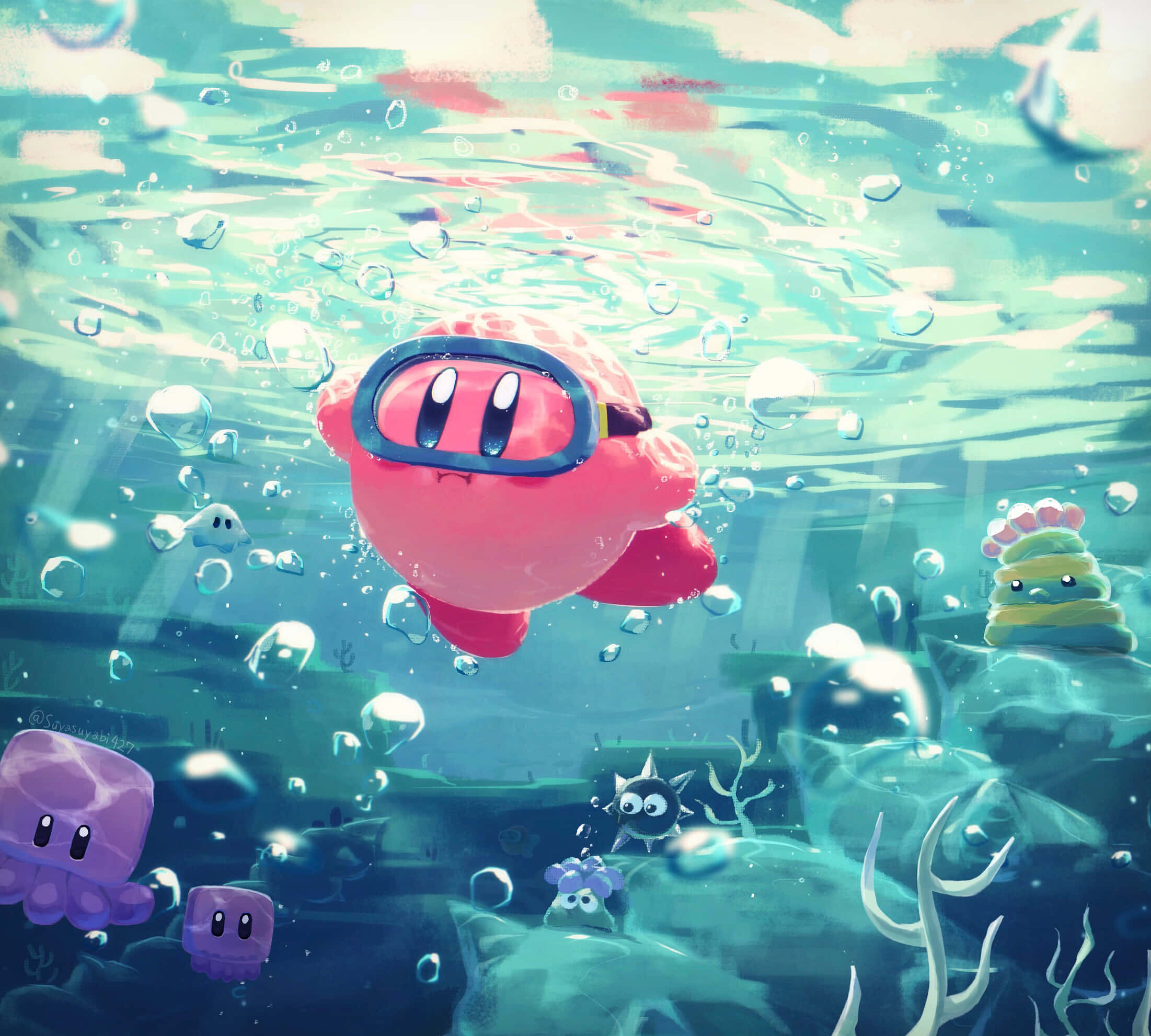 Kirby, underwater, goggles, Full HD Desktop Wallpaper
