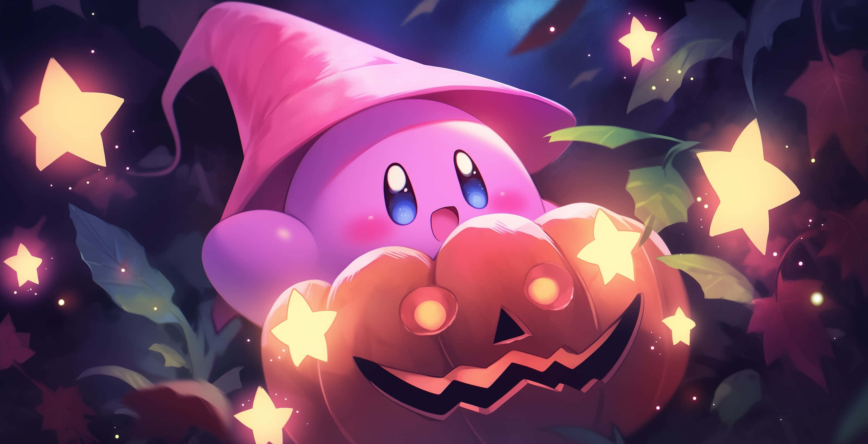 Kirby, witch hat, glowing jack-o-lantern, 2K Desktop Wallpaper