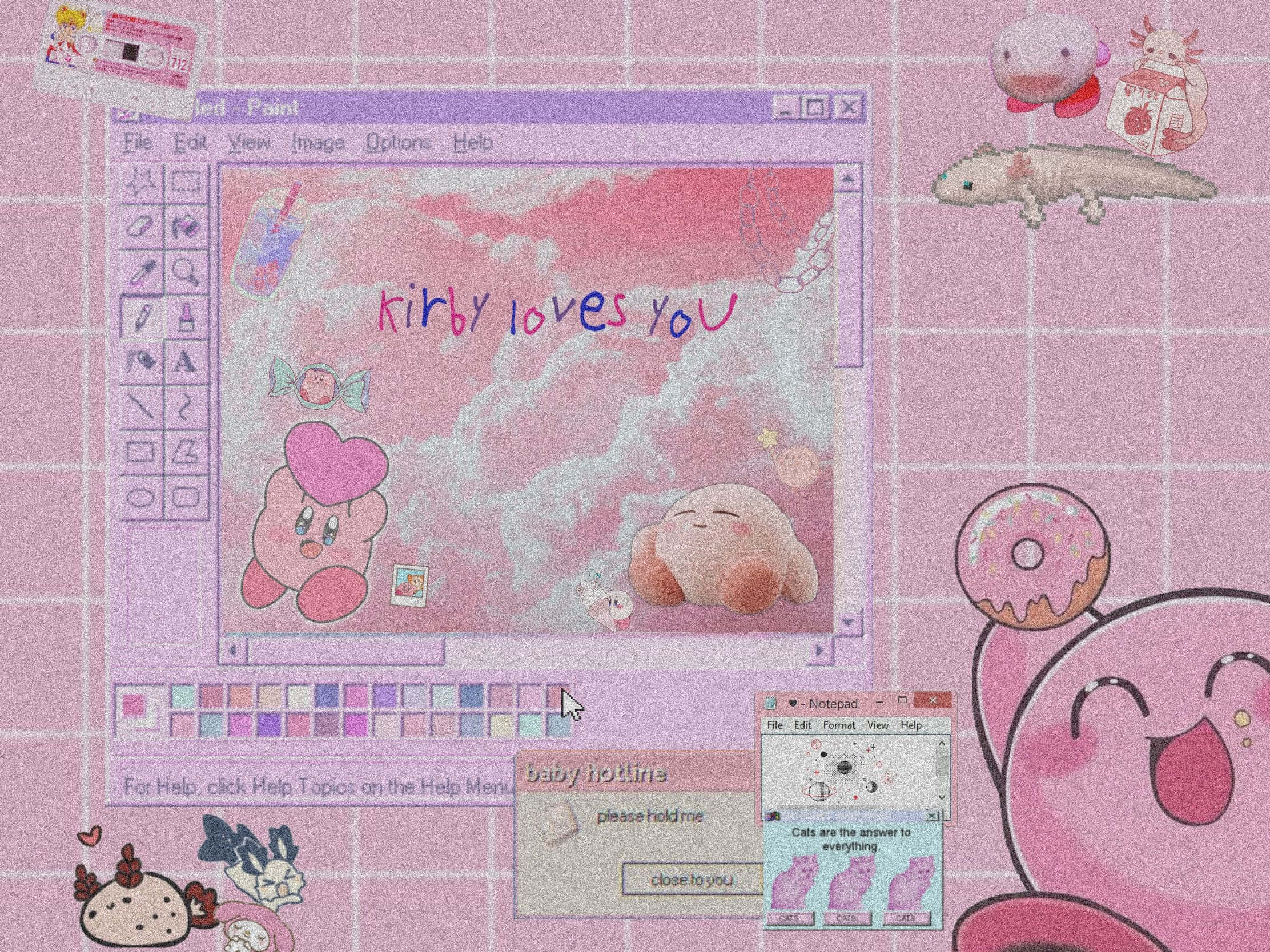 Kirby, retro Windows Paint window, pink grid wallpaper, Full HD Desktop Wallpaper