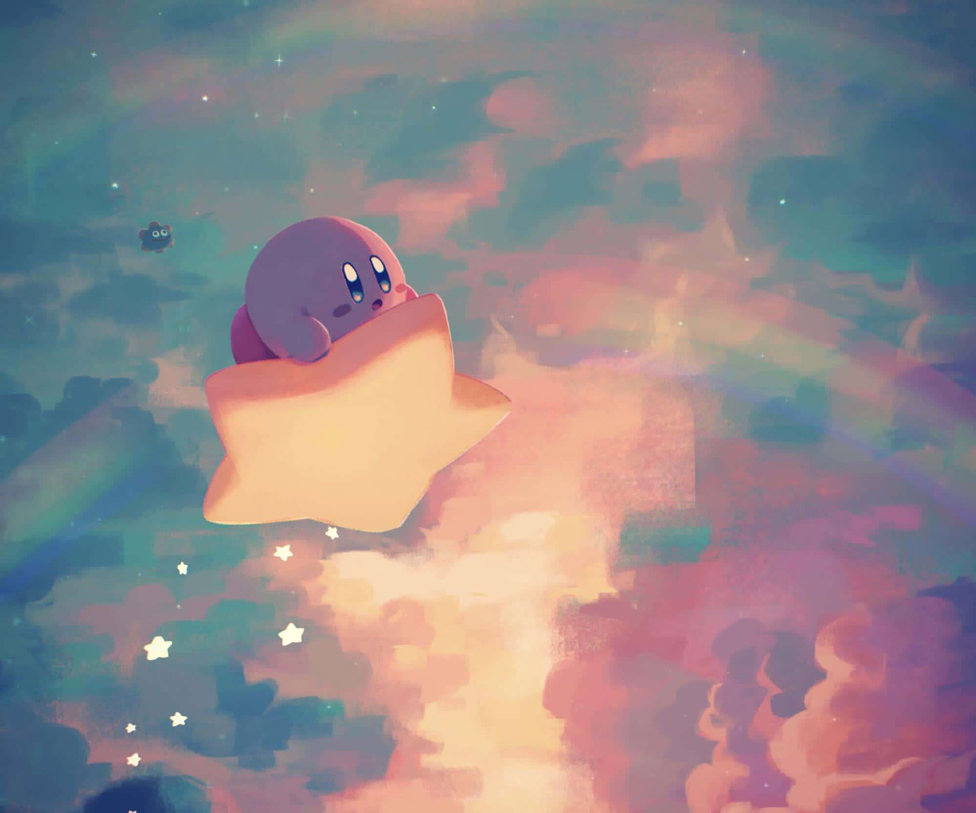 Kirby, glowing star, dreamy pastel sky, Full HD Desktop Wallpaper