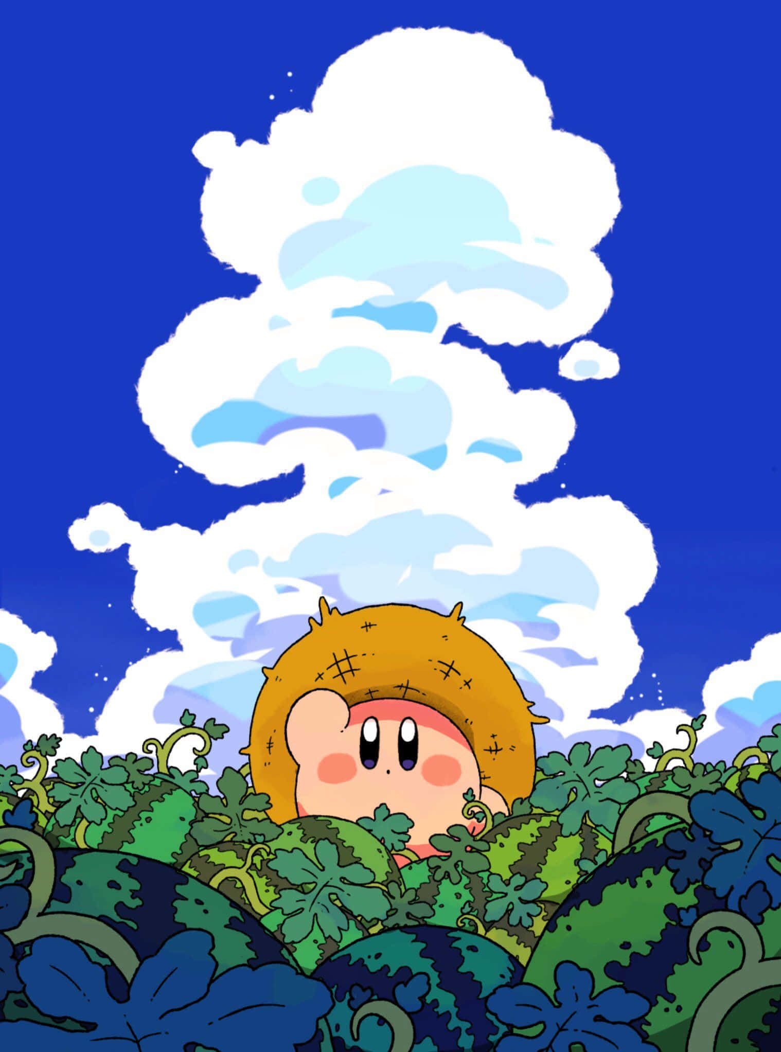 Kirby, straw hat, lush green foliage, Full HD Phone Wallpaper