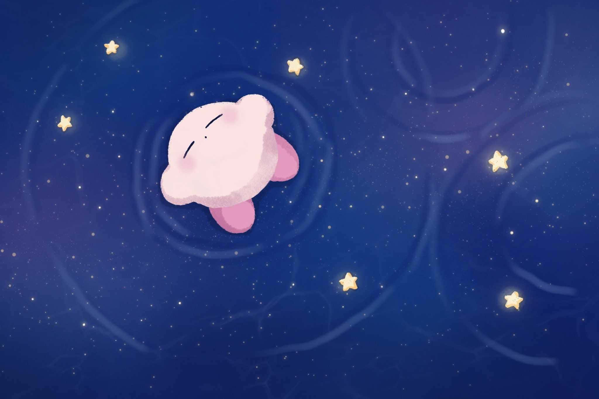 Kirby, pink star-shaped character, deep blue starry sky, Full HD Desktop Wallpaper