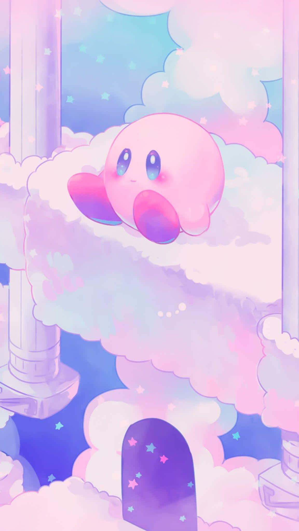 Kirby, pink round character, fluffy clouds, Full HD Phone Wallpaper