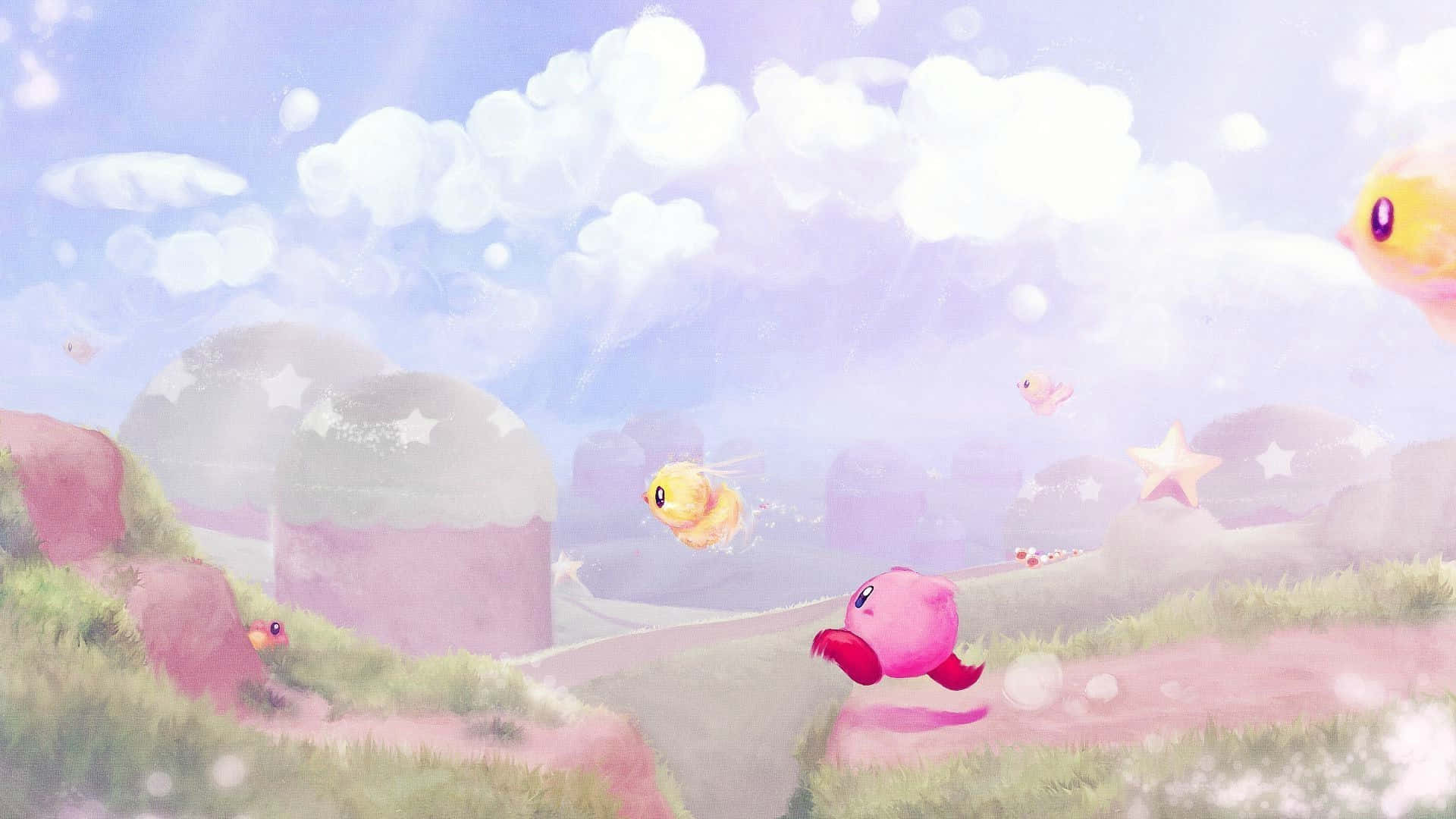 Pink Kirby, grassy hill, soft pastel sky, Full HD Desktop Wallpaper