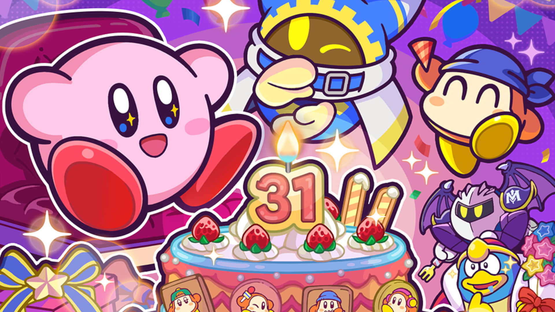 Kirby, 31st Anniversary, strawberry cake, Full HD Desktop Wallpaper