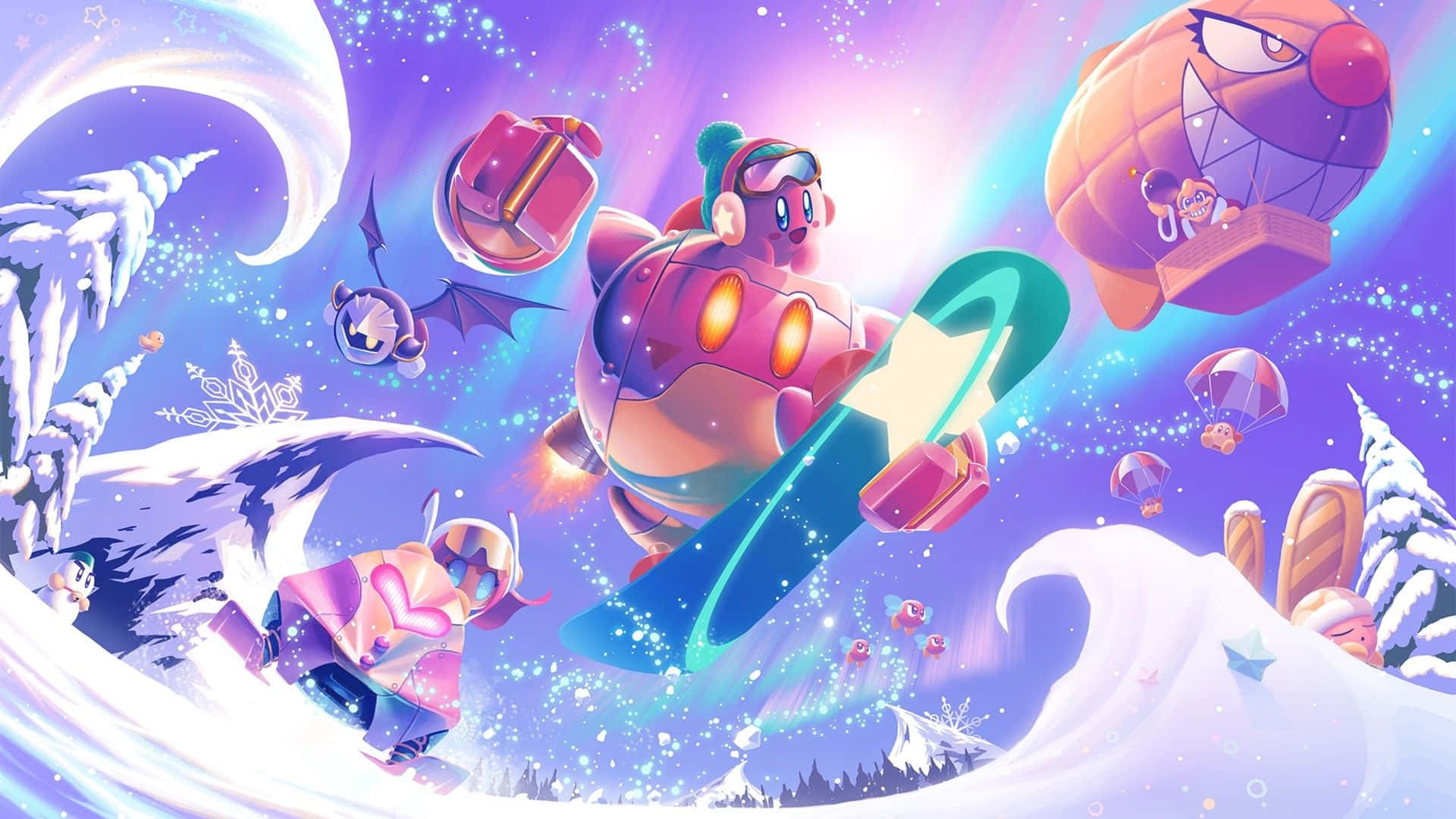 Kirby, snowboard, sparkling purple winter sky, Full HD Desktop Wallpaper