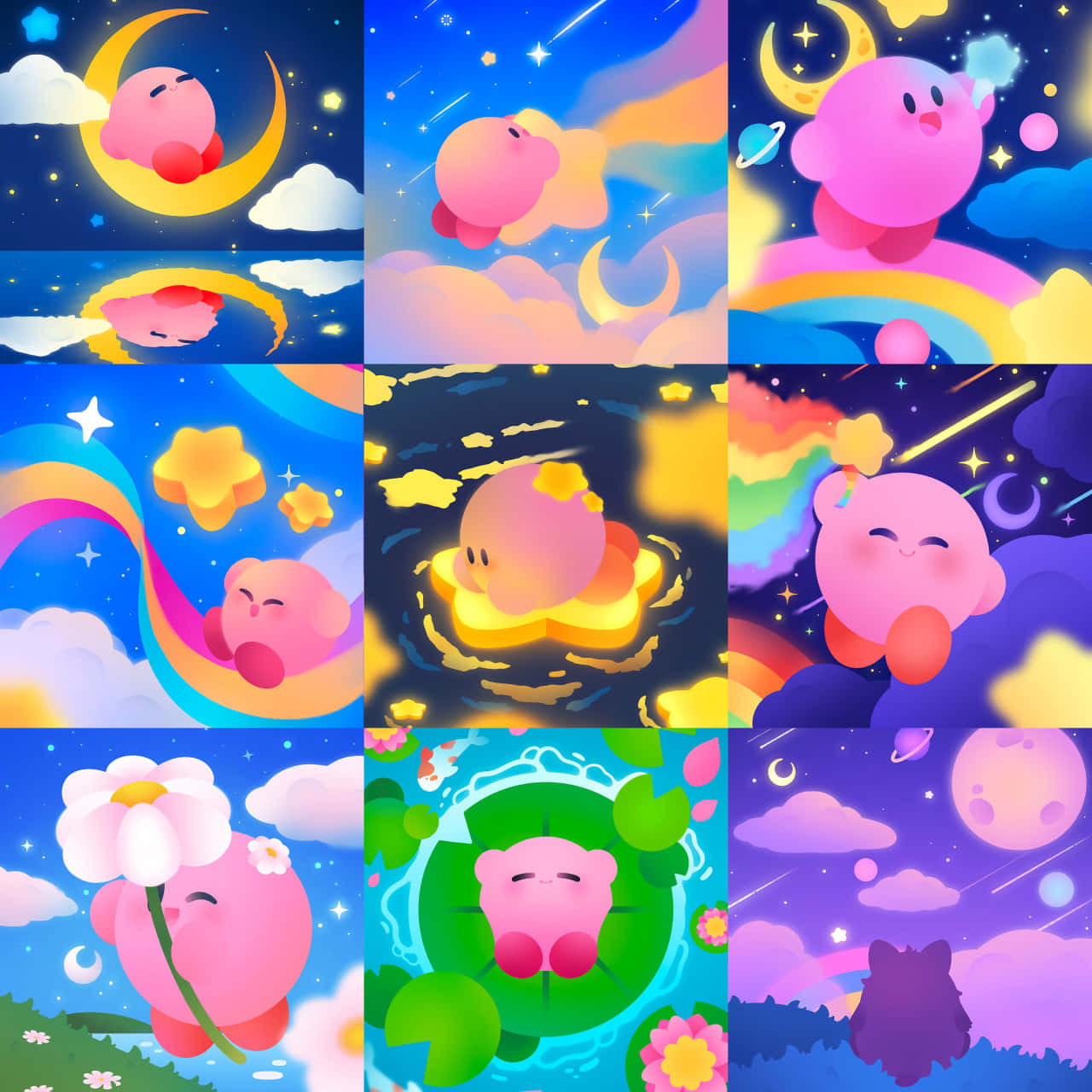 Kirby, pink Kirby, dreamy night skies, HD Desktop Wallpaper