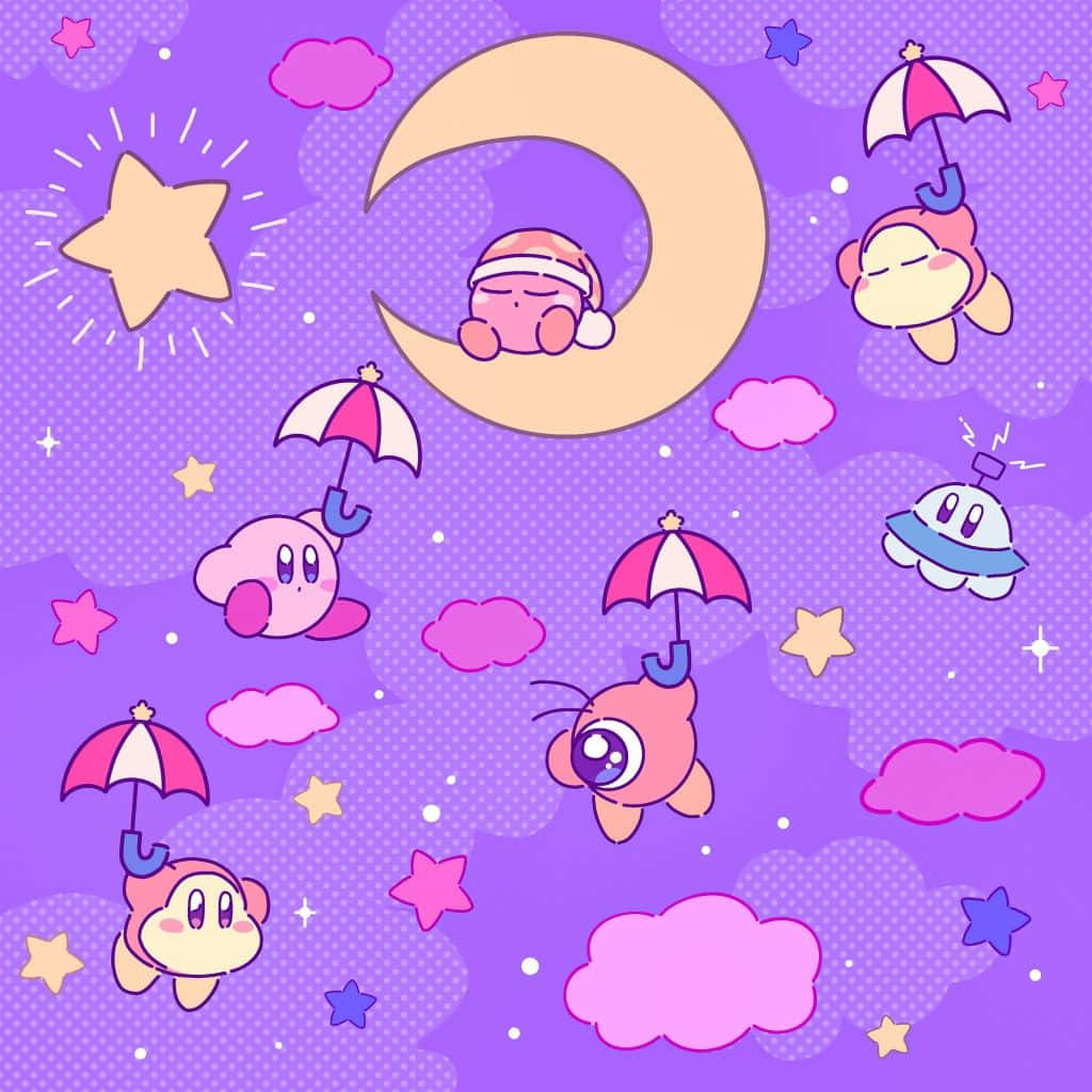 Pink Kirby, umbrellas, pink clouds, SD Desktop Wallpaper