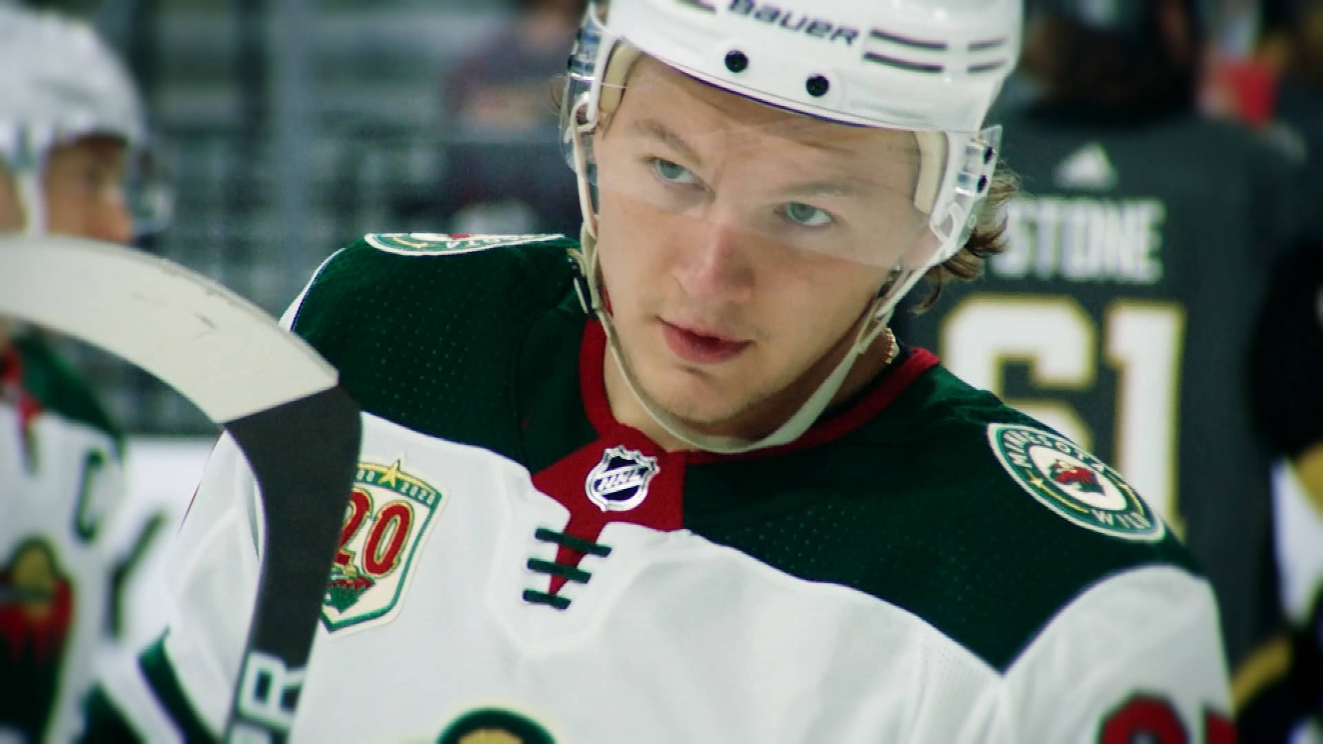 Kirill Kaprizov, green and white uniform, hockey player, Full HD Desktop Wallpaper