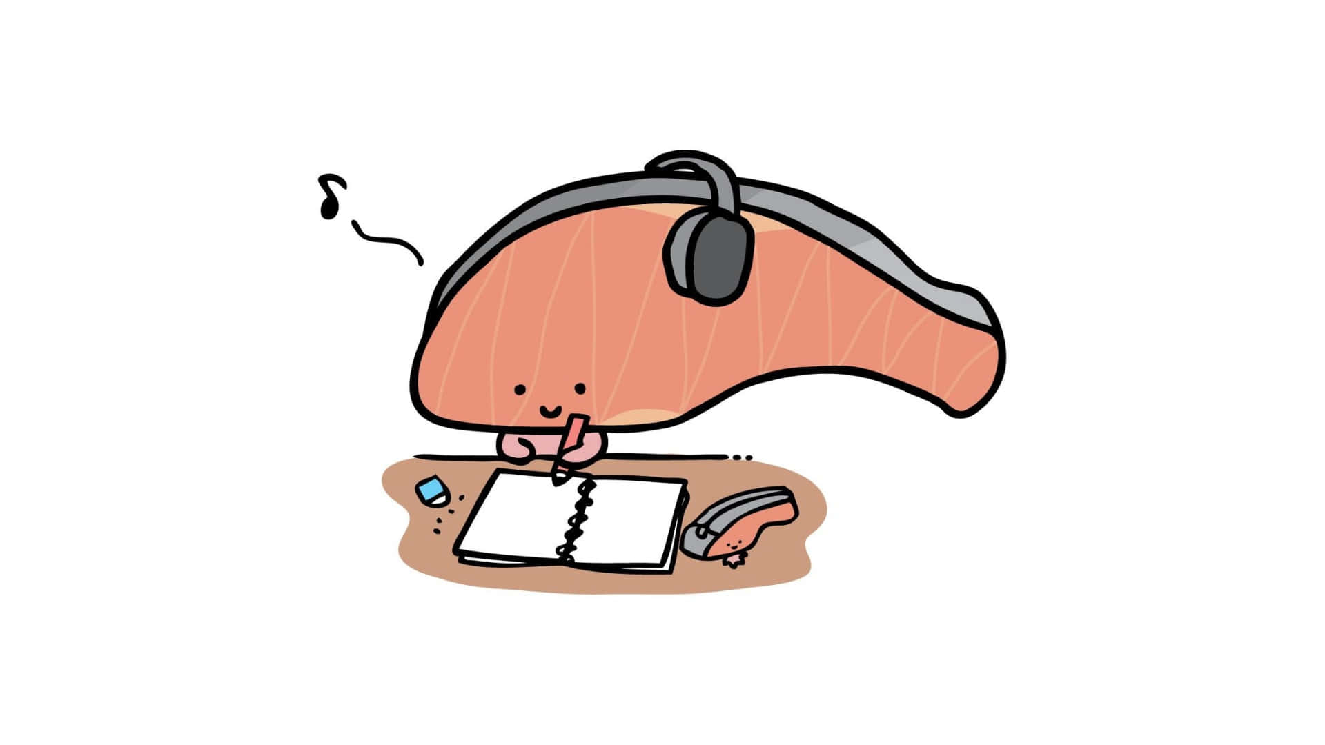 Kirimichan, cartoon salmon, headphones, Full HD Desktop Wallpaper