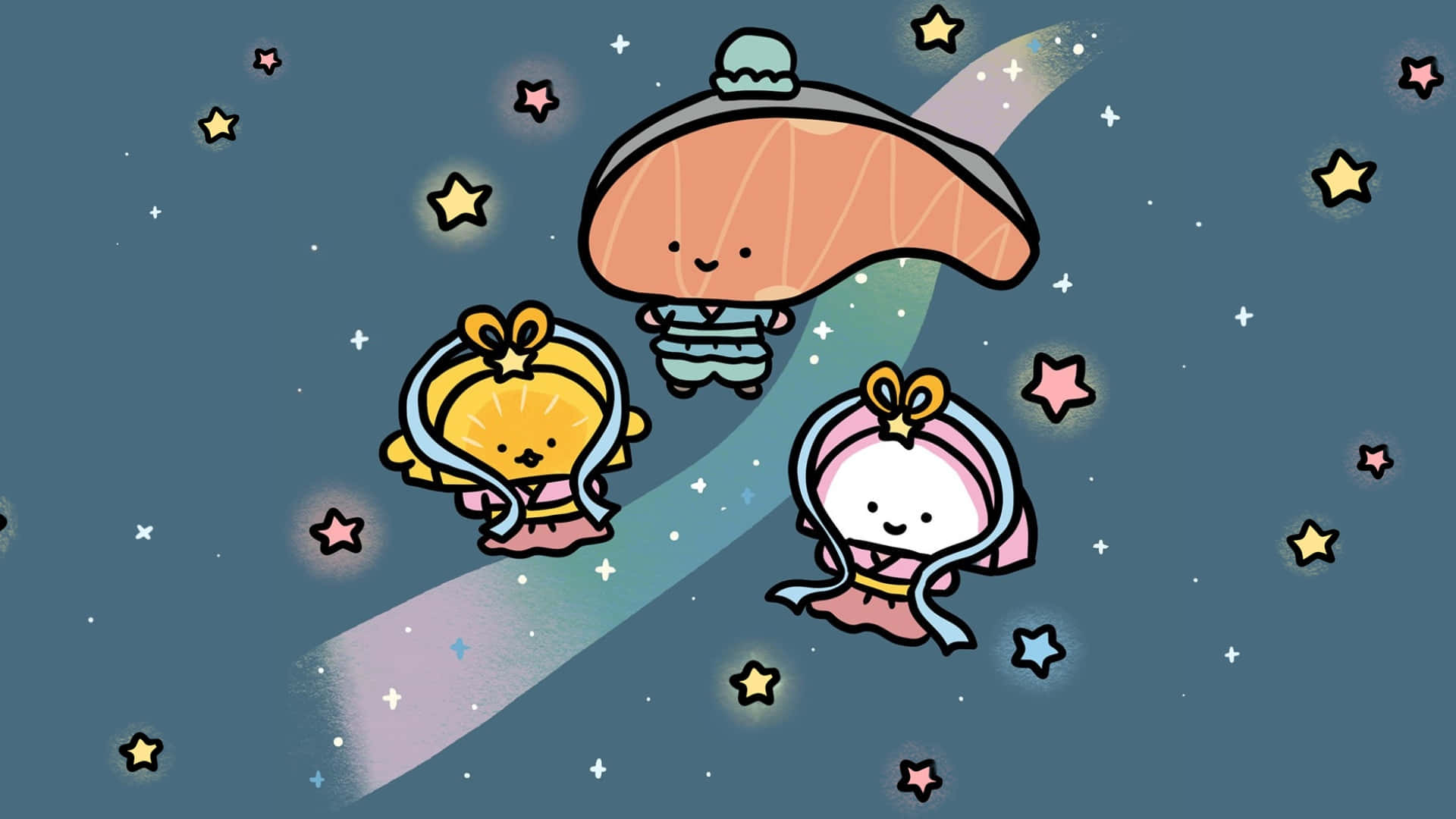 Kirimichan, salmon-shaped spaceship, starry night sky, Full HD Desktop Wallpaper