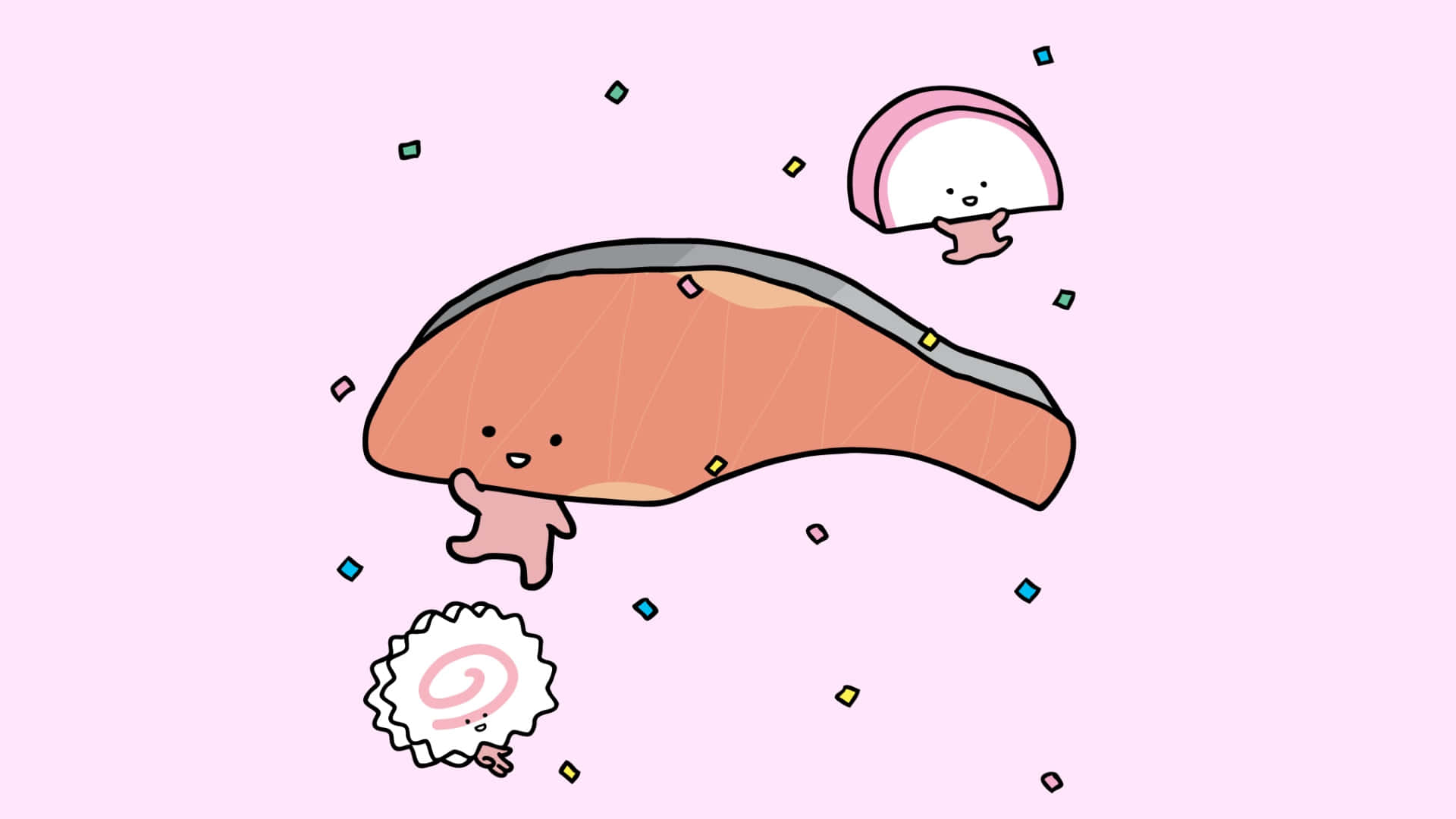 Kirimichan, cute food characters, salmon fillet, Full HD Desktop Wallpaper