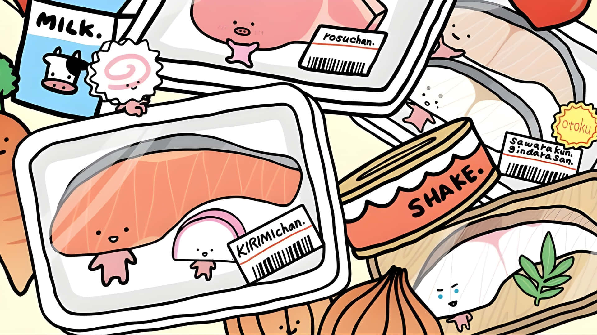 Kirimichan, salmon sushi, milk cartons, Full HD Desktop Wallpaper