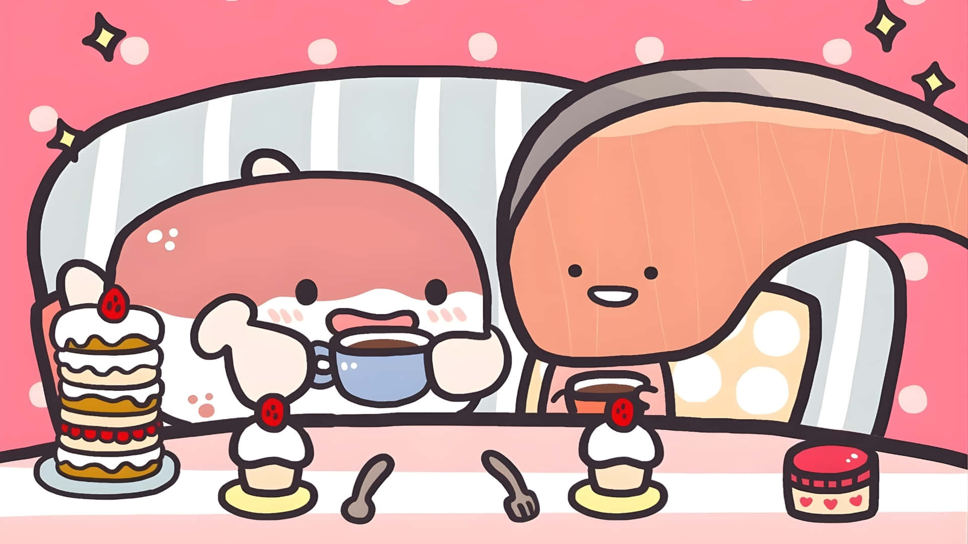 Kirimichan, tea party, pink cartoon characters, Full HD Desktop Wallpaper