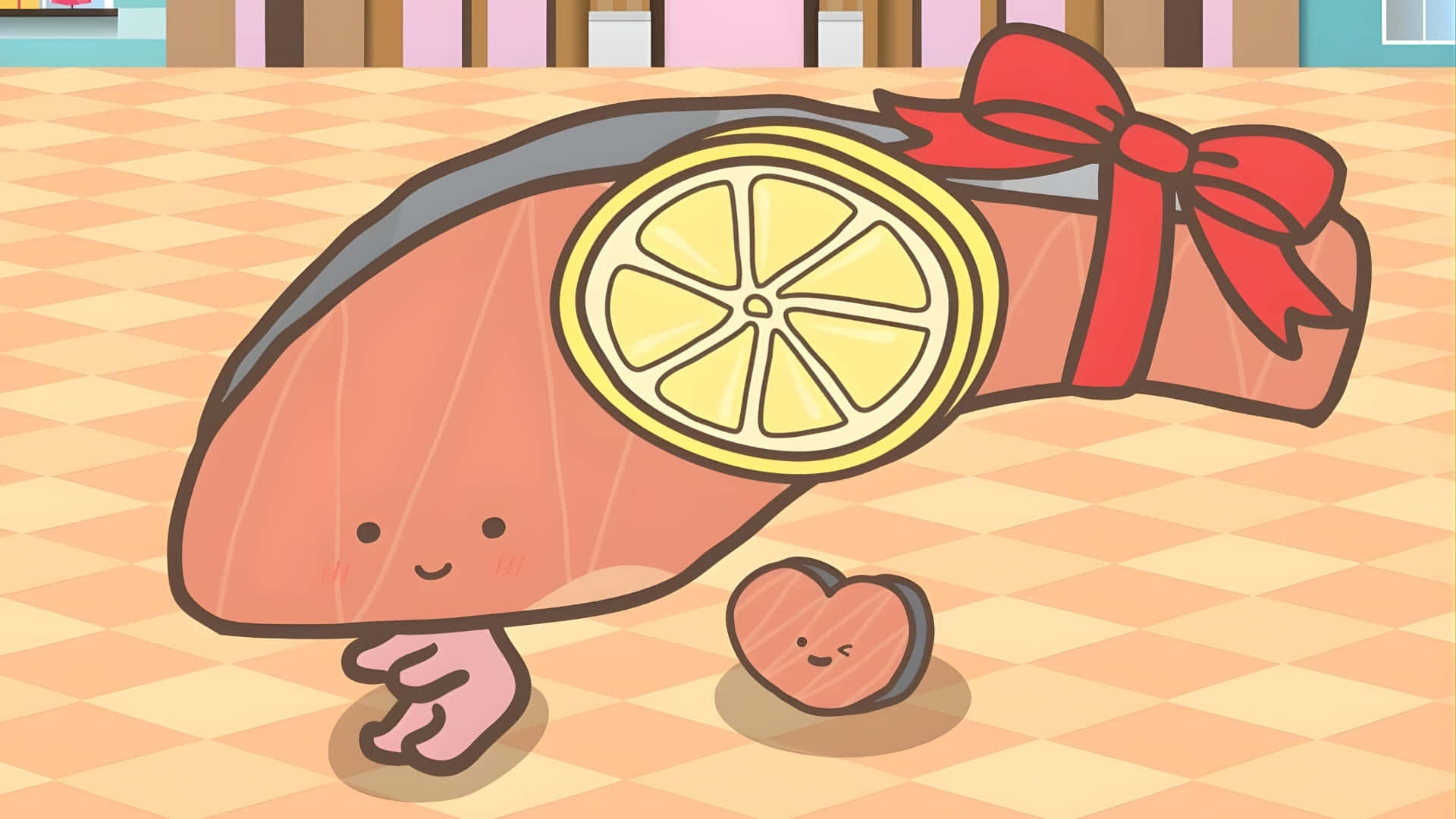 Kirimichan, cute salmon character, lemon slice, Full HD Desktop Wallpaper