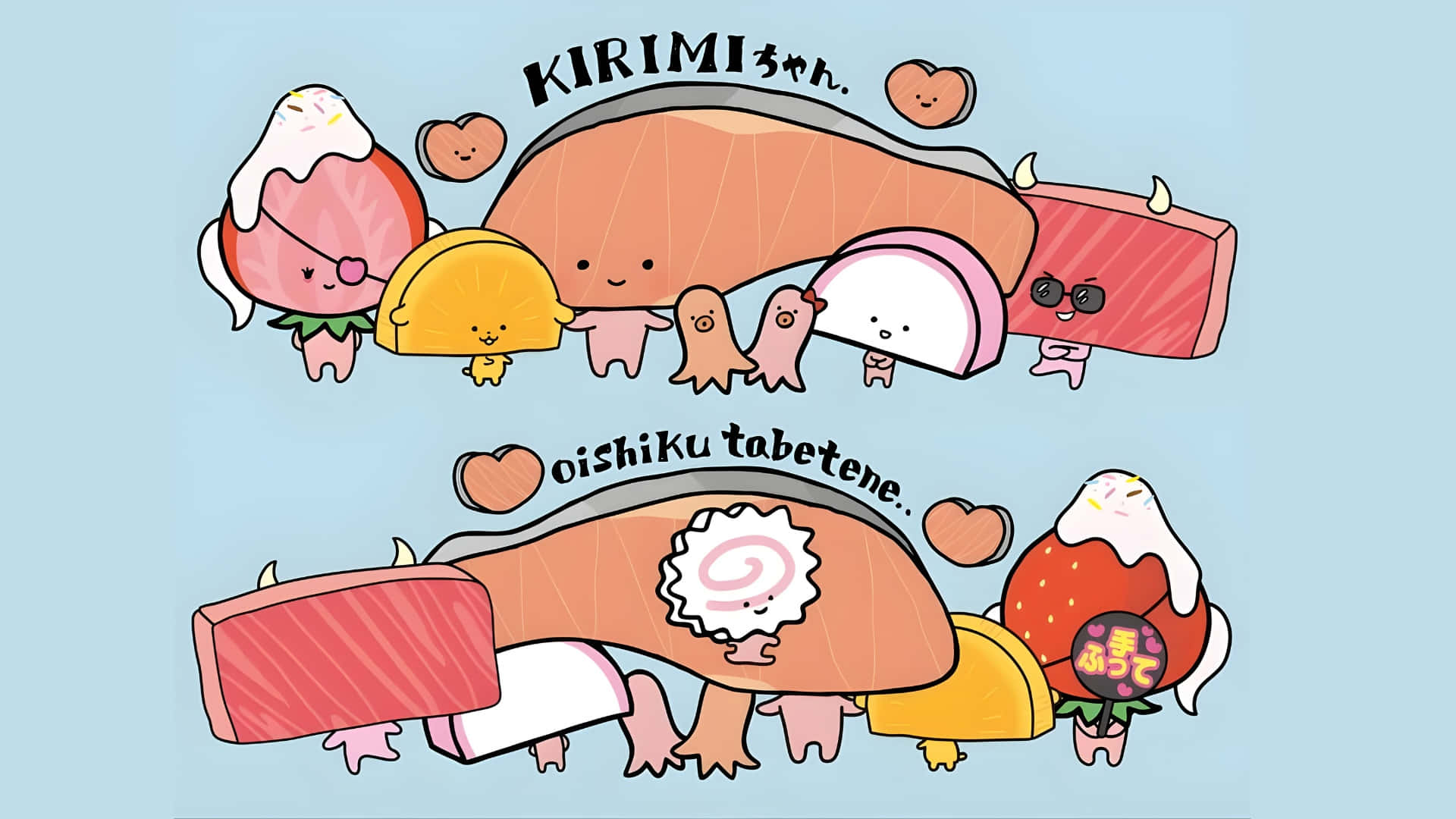 Kirimichan, salmon tuna, strawberry, Full HD Desktop Wallpaper