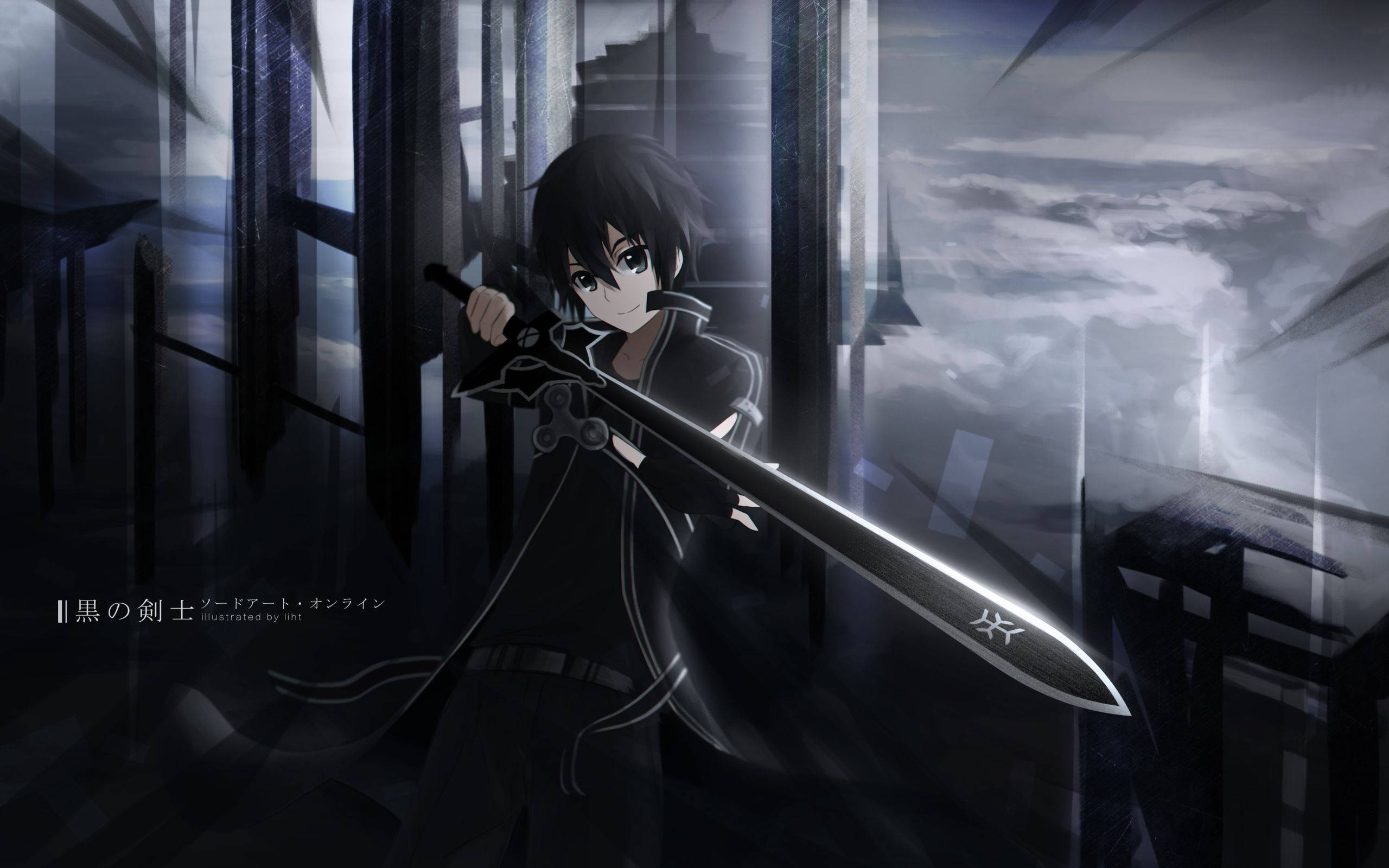 Kirito, black suit, glowing sword, 2K Desktop Wallpaper