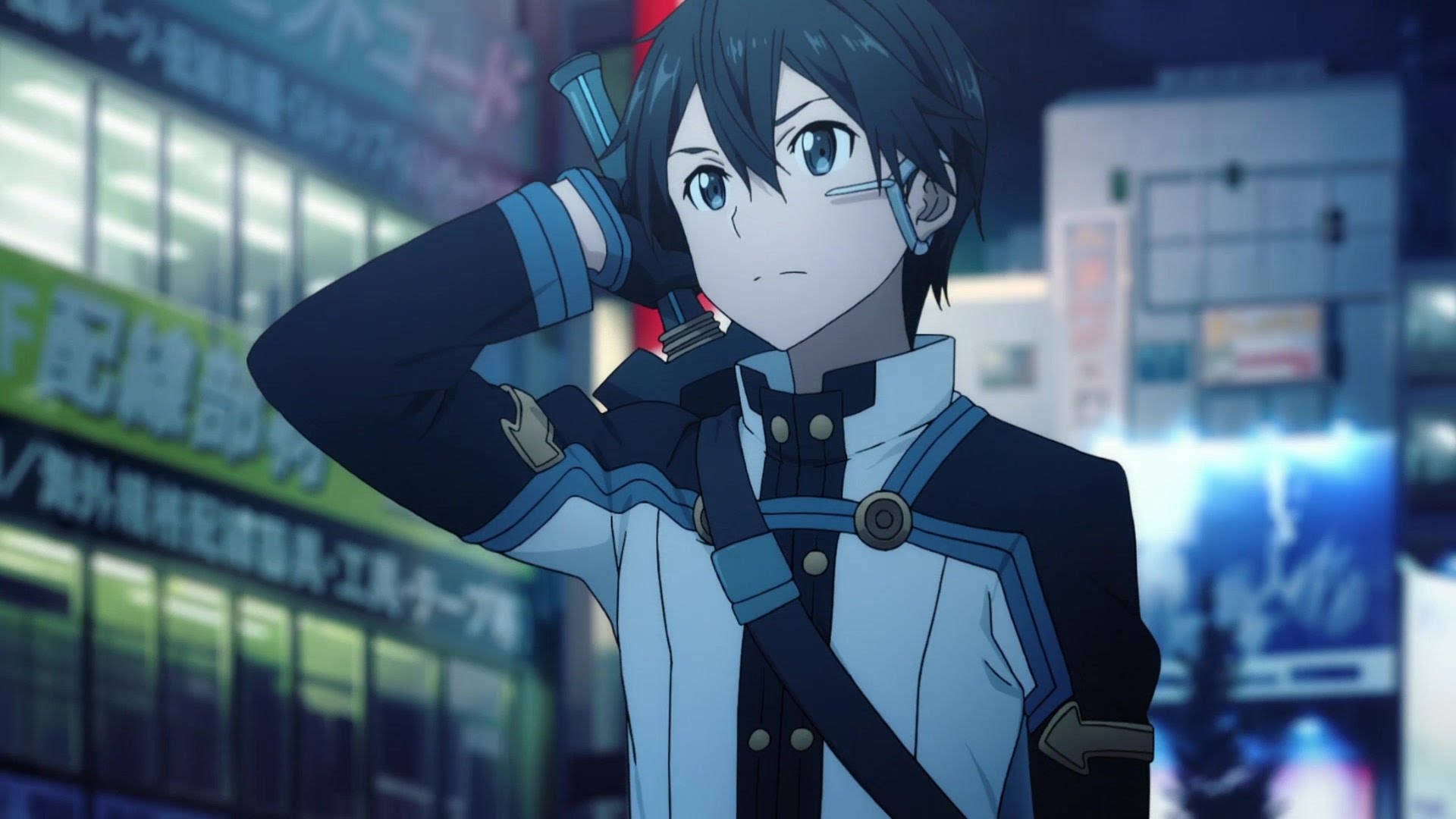 Kirito, neon-lit urban night scene, sword, Full HD Desktop Wallpaper