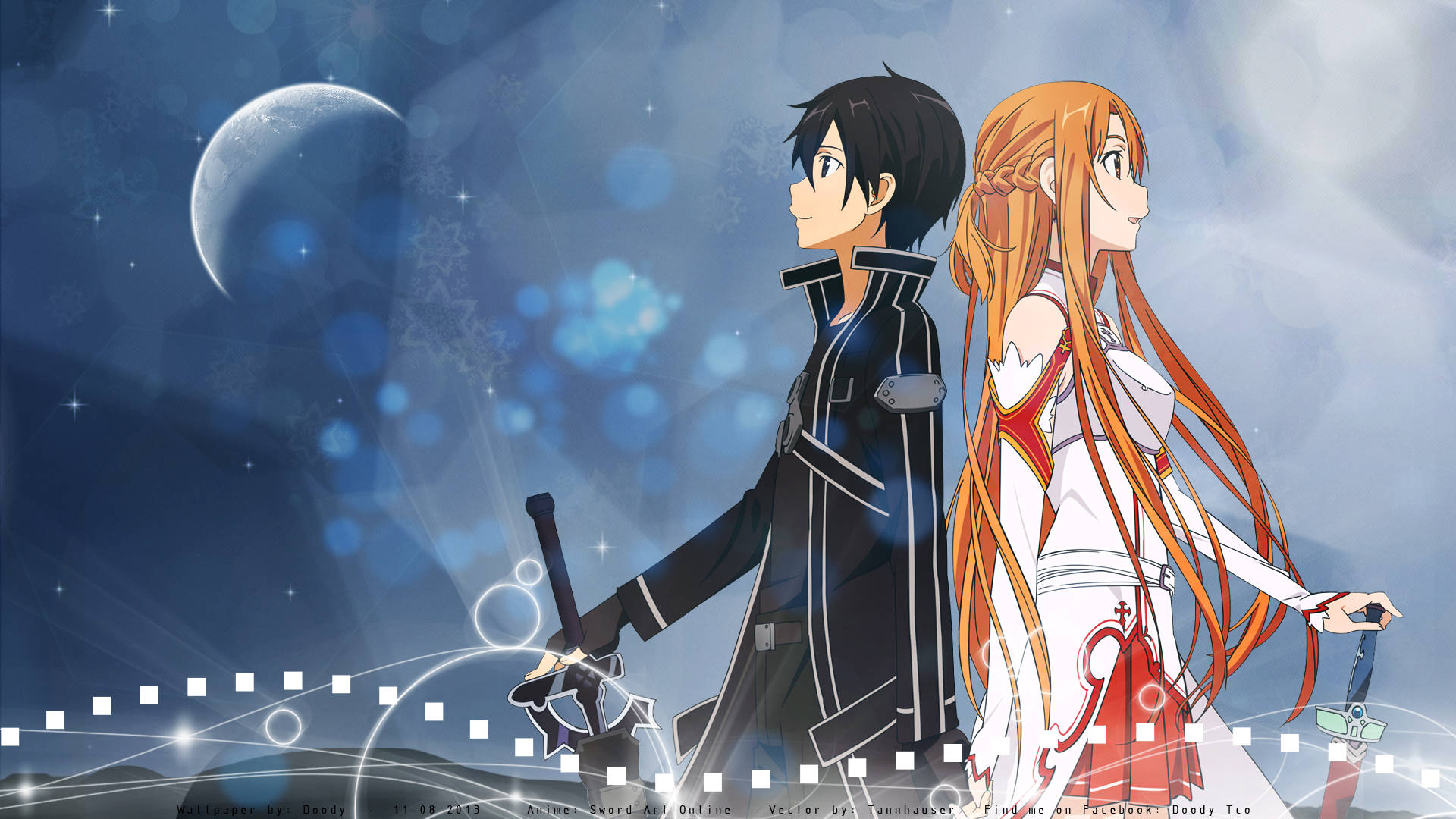Kirito, crescent moon, starry blue night sky, Full HD Desktop Wallpaper