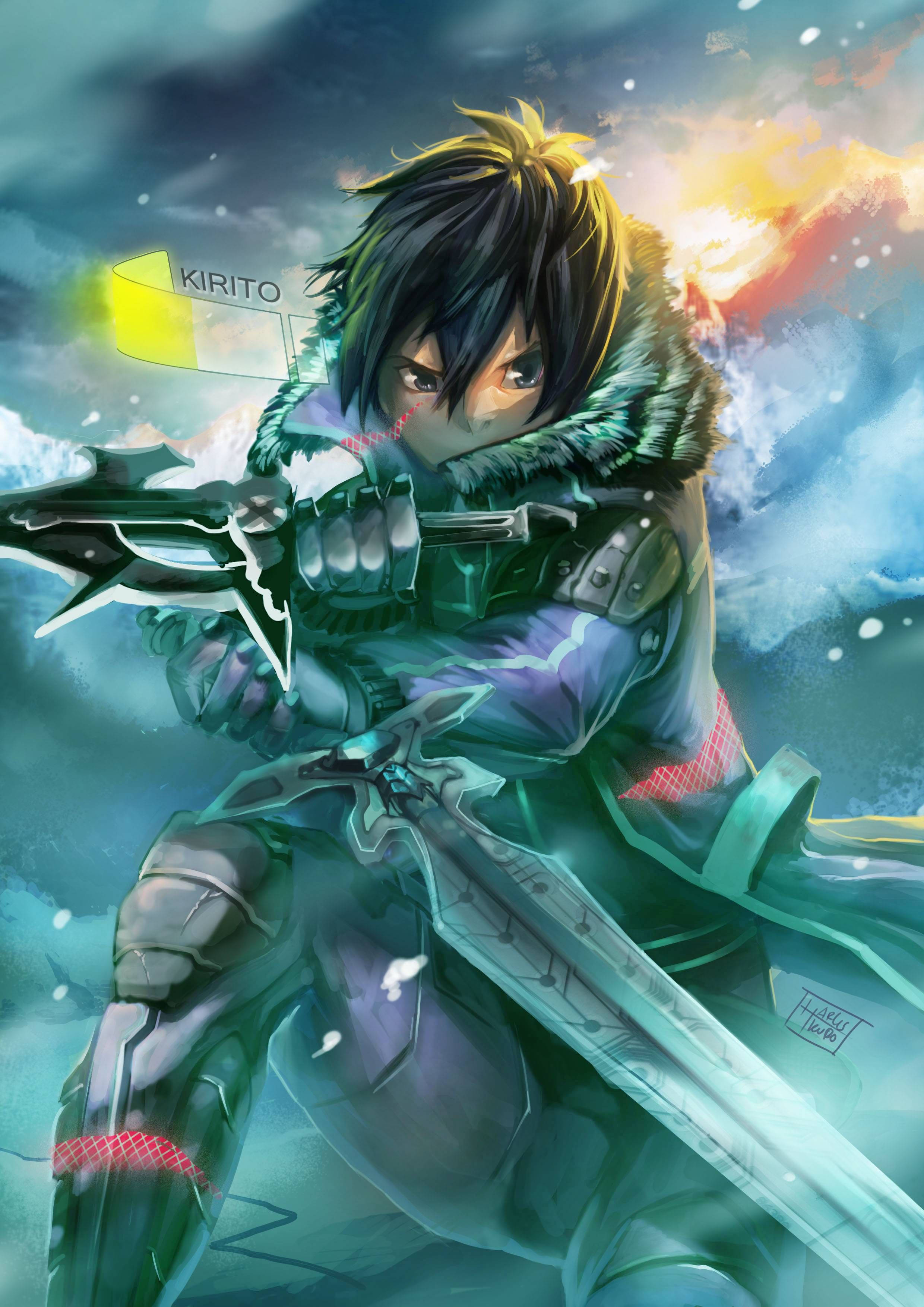 Kirito, dark hair, glowing sword, 2K Phone Wallpaper