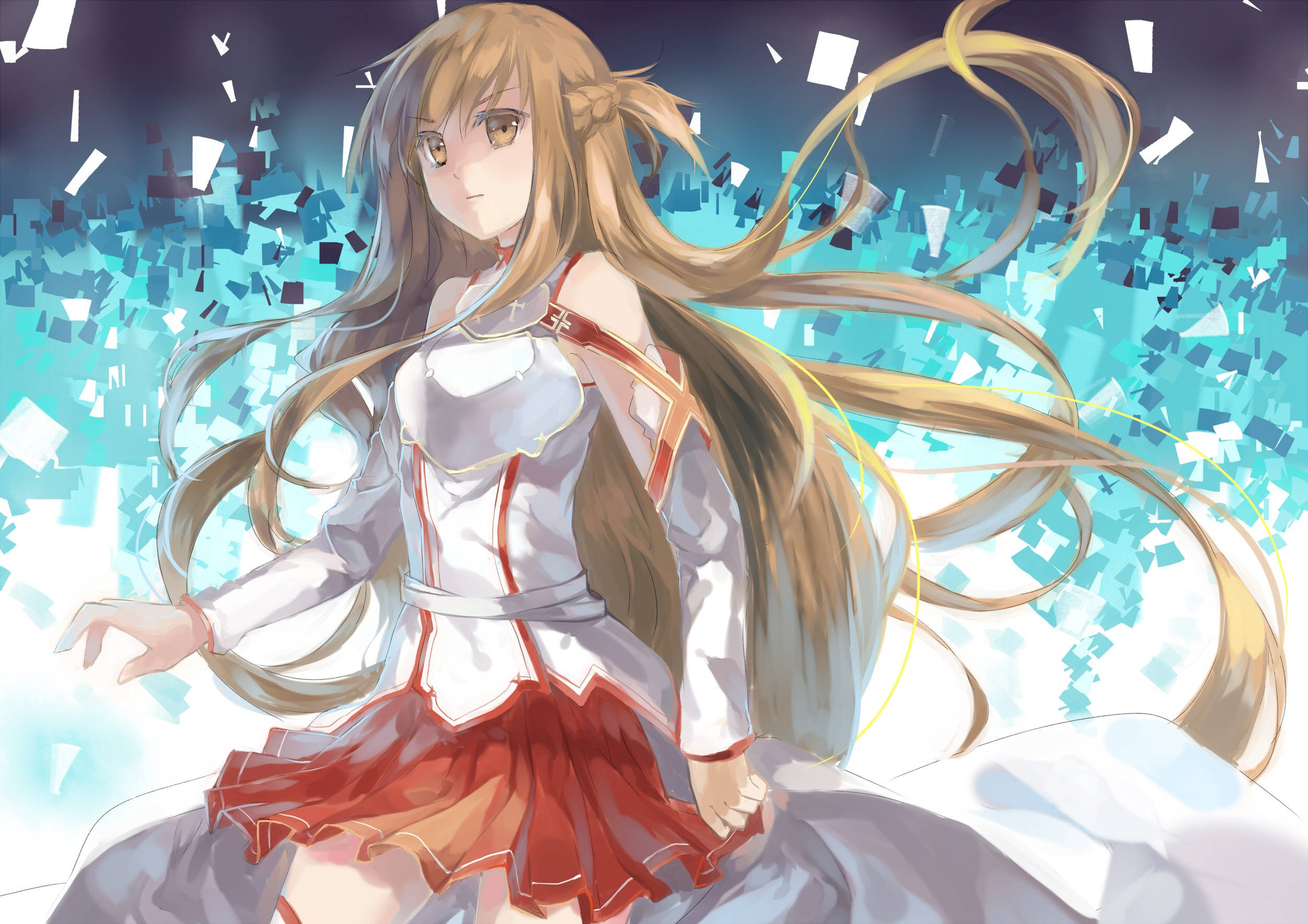 Kirito, white and red outfit, blue pixelated background, Full HD Desktop Wallpaper