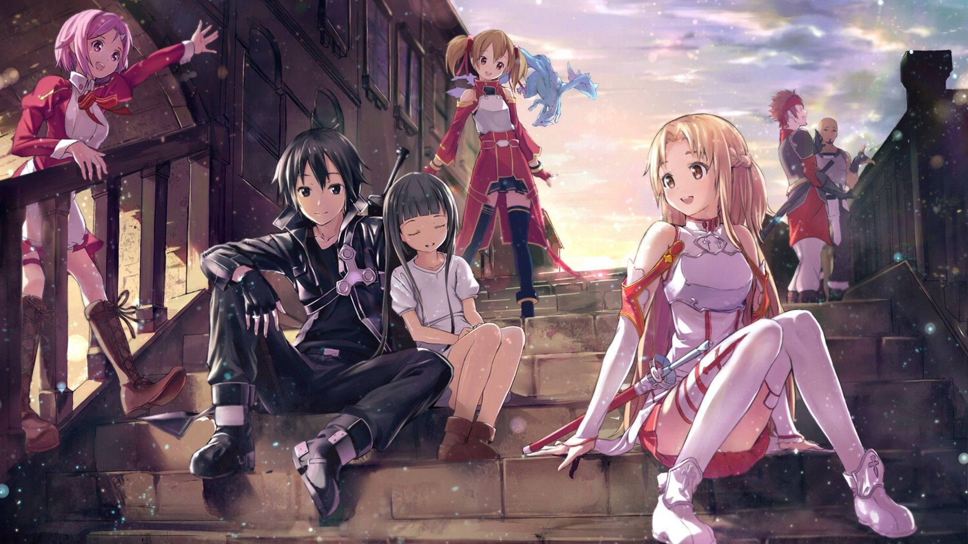 Kirito, stone steps, glowing sunset sky, Full HD Desktop Wallpaper