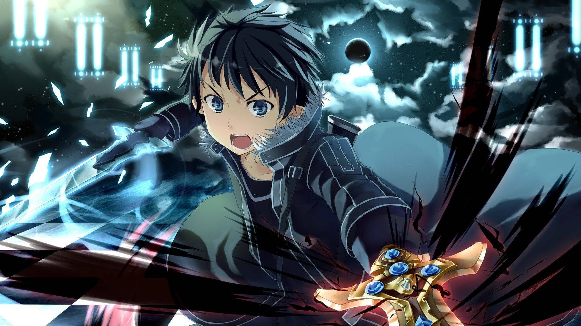 Kirito, spiky hair, glowing sword, Full HD Desktop Wallpaper