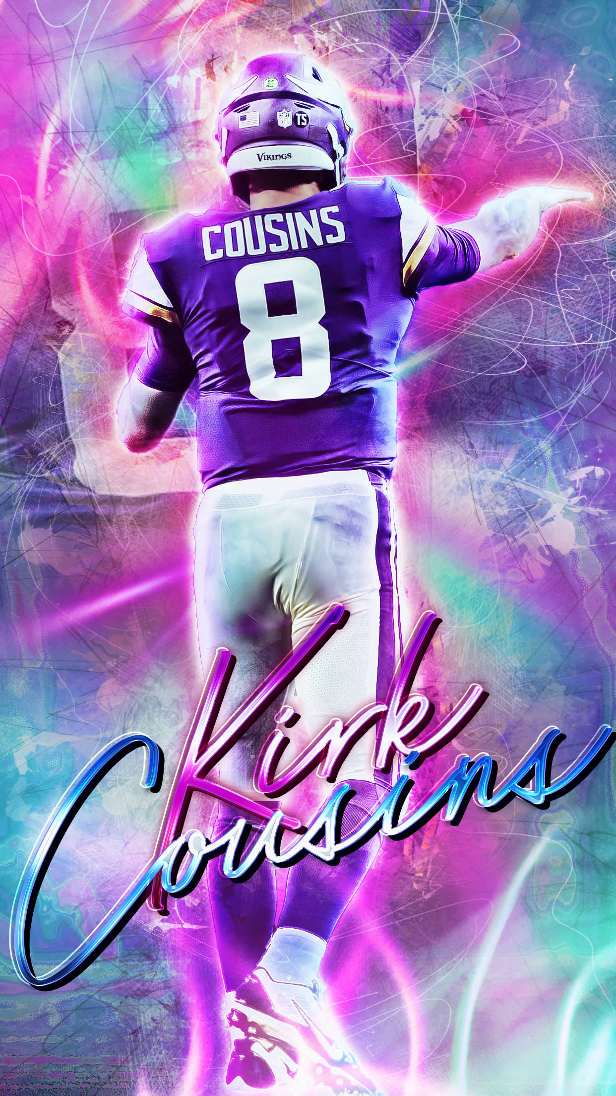 Kirk Cousins, purple jersey number 8, neon energy swirls, Full HD Phone Wallpaper