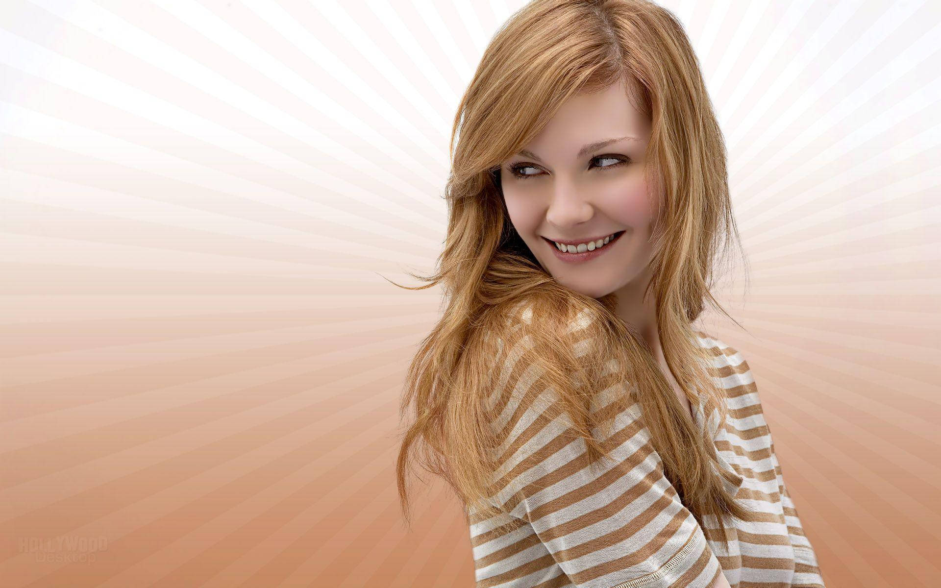 Kirsten Dunst, long blonde hair, striped shirt, Full HD Desktop Wallpaper