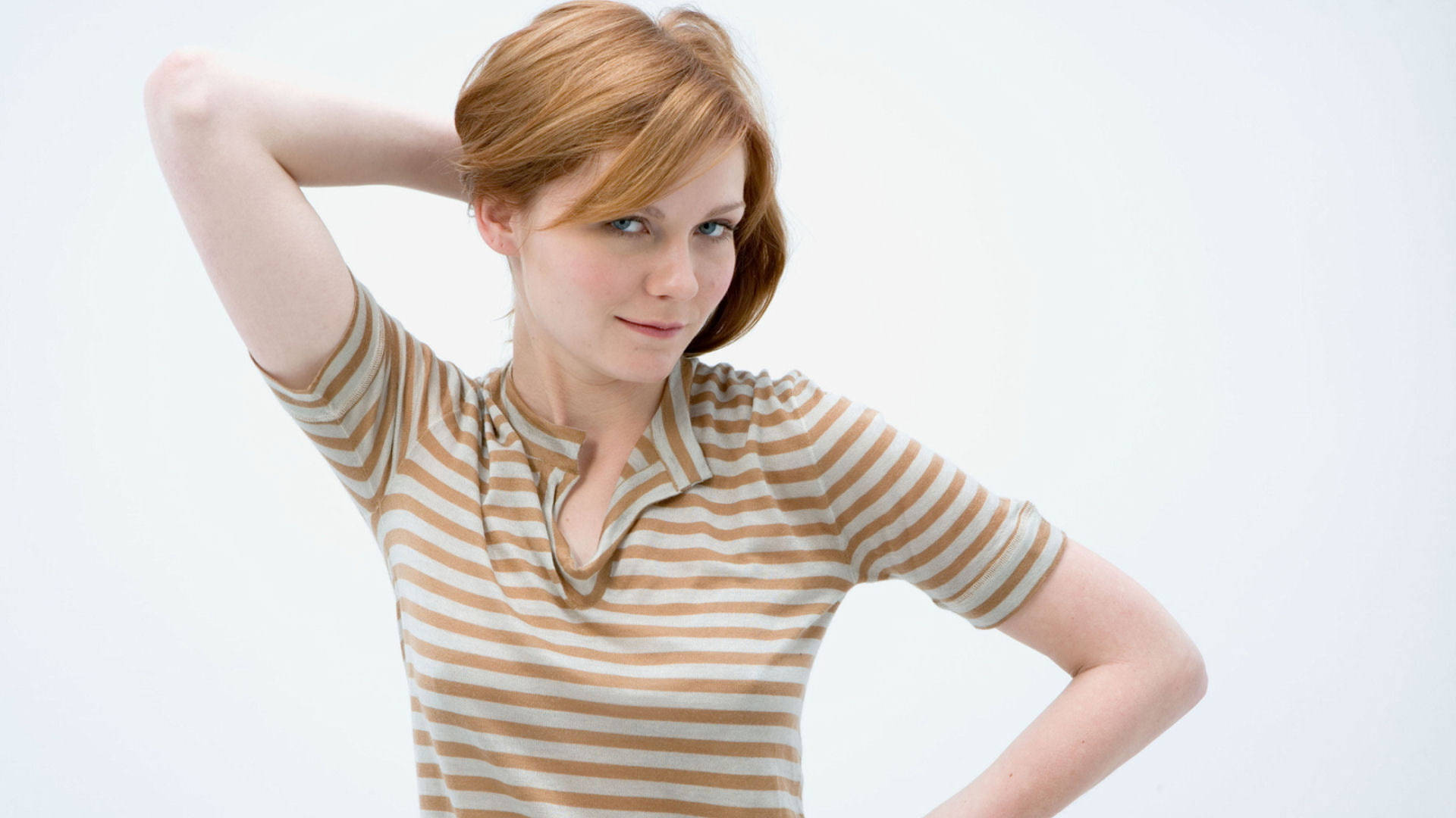 Kirsten Dunst, striped polo shirt, red hair, Full HD Desktop Wallpaper