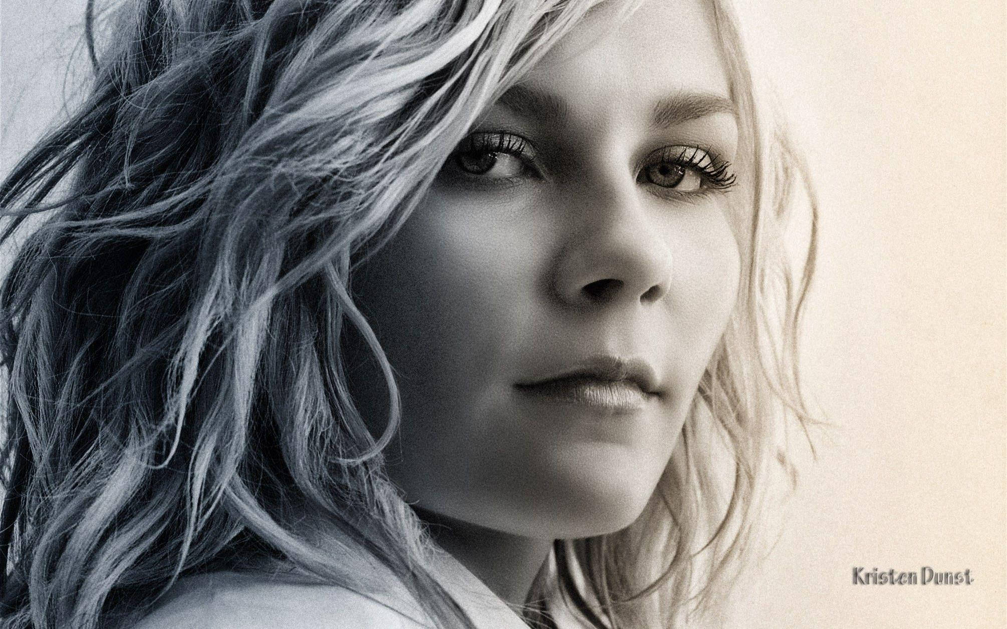 Kirsten Dunst, black and white portrait, windswept hair, Full HD Desktop Wallpaper