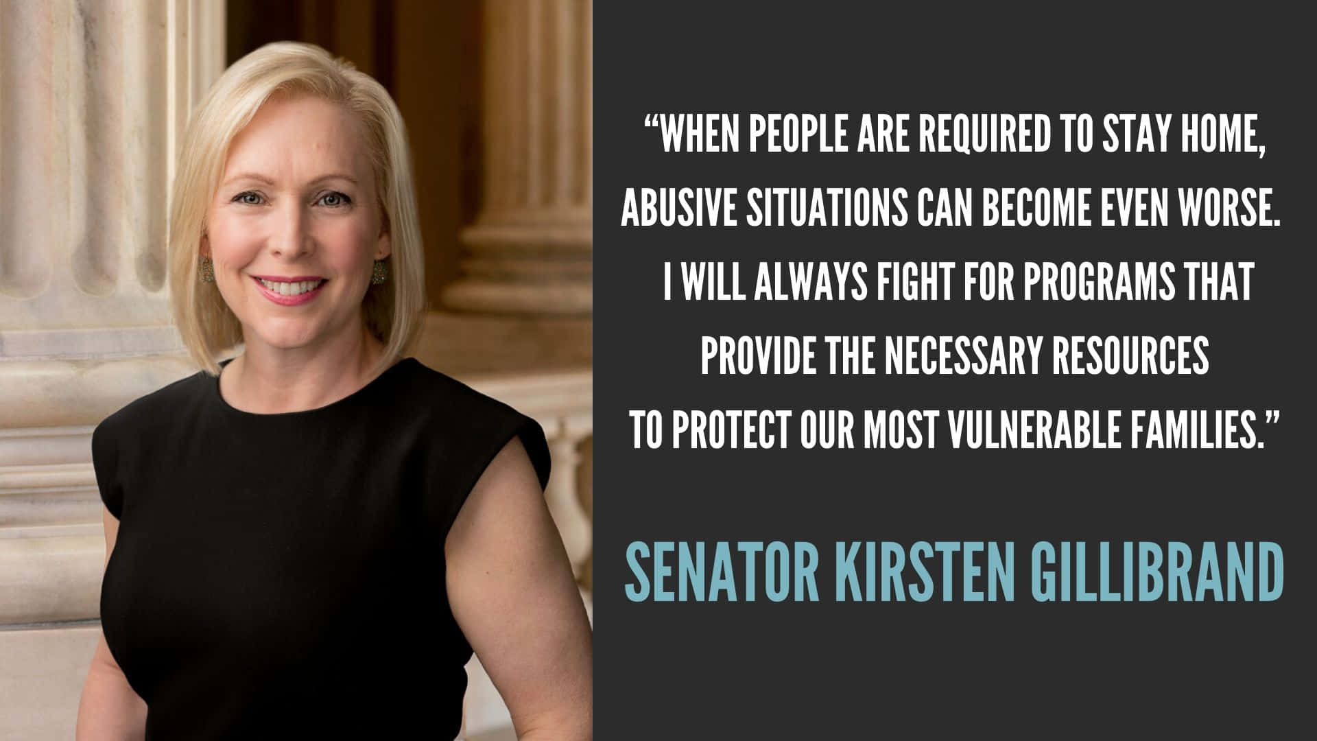 Kirsten Gillibrand, formal portrait, quote about protecting vulnerable families against abuse, Full HD Desktop Wallpaper
