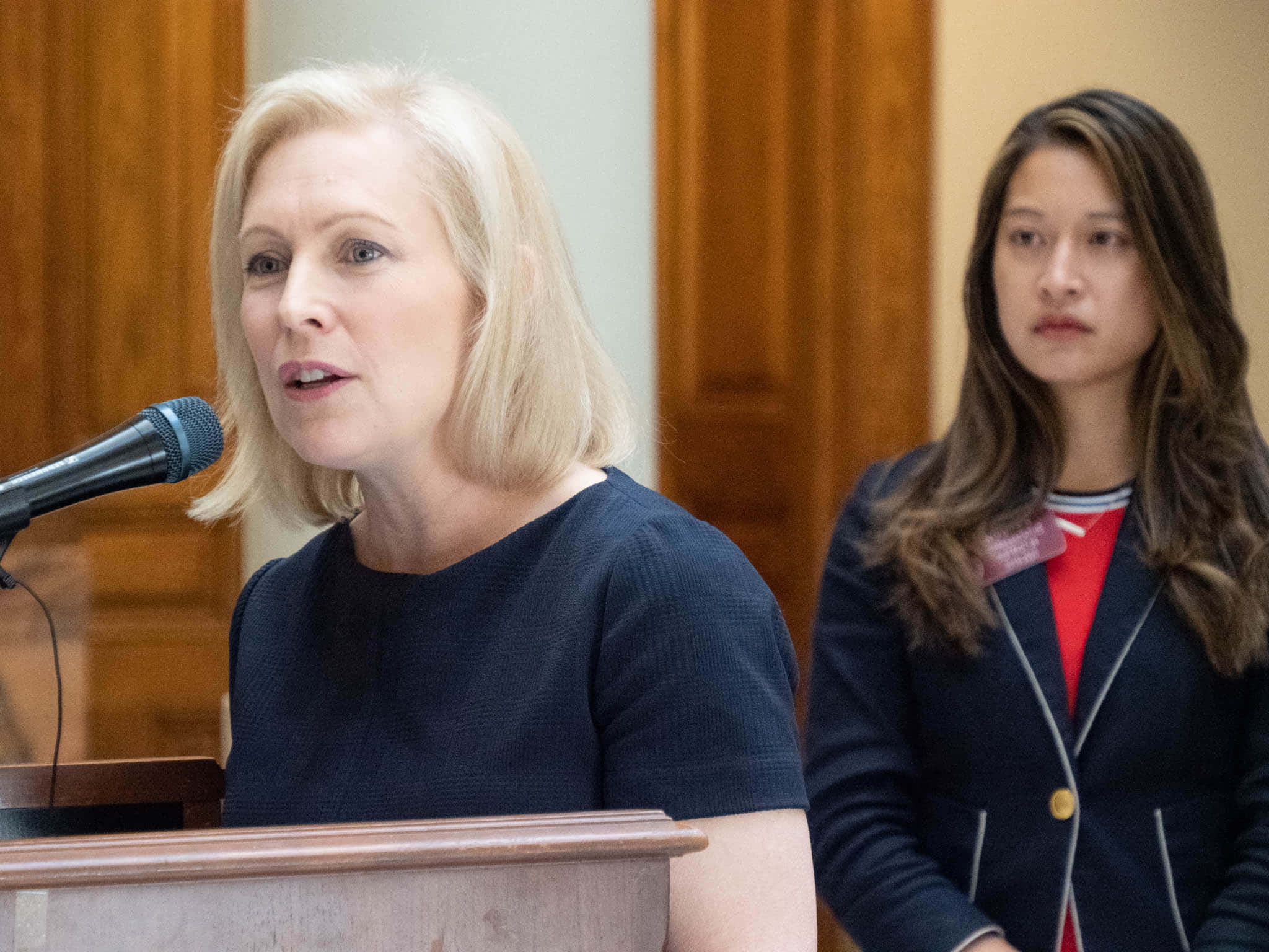 Kirsten Gillibrand, blonde woman, wooden podium, Full HD Desktop Wallpaper