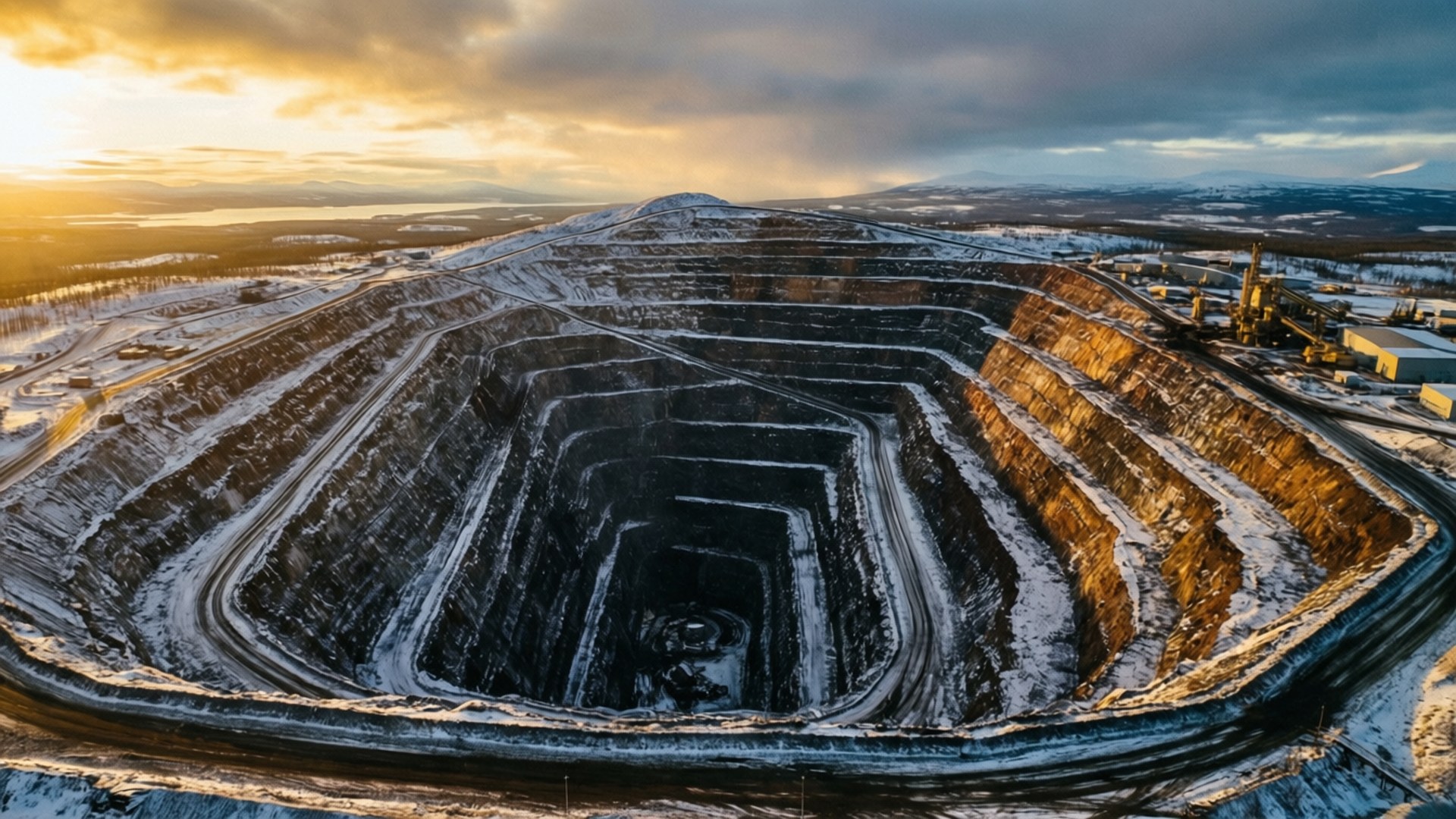 Kiruna, iron mine pit, golden sunrise, Full HD Desktop Wallpaper