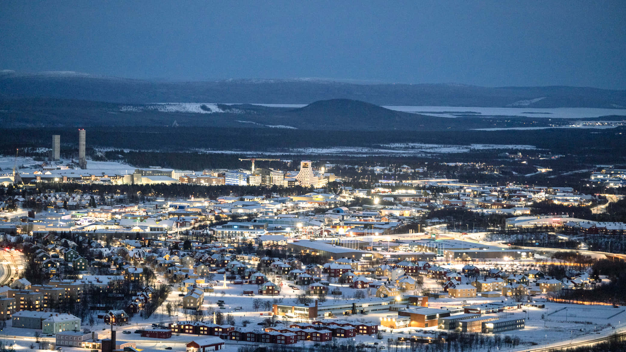 Kiruna, winter night, snow-covered city, Full HD Desktop Wallpaper