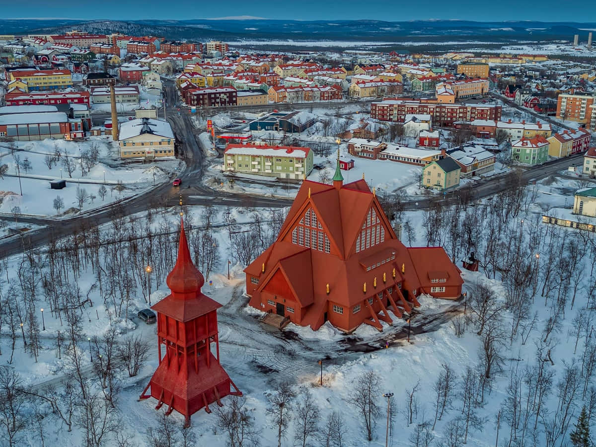 Kiruna, red wooden church, bell tower, SD Desktop Wallpaper