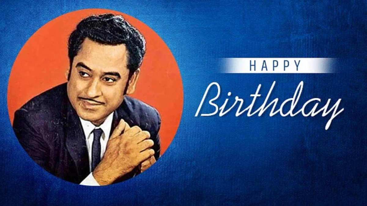 Kishore Kumar, red circle, textured blue background, SD Desktop Wallpaper