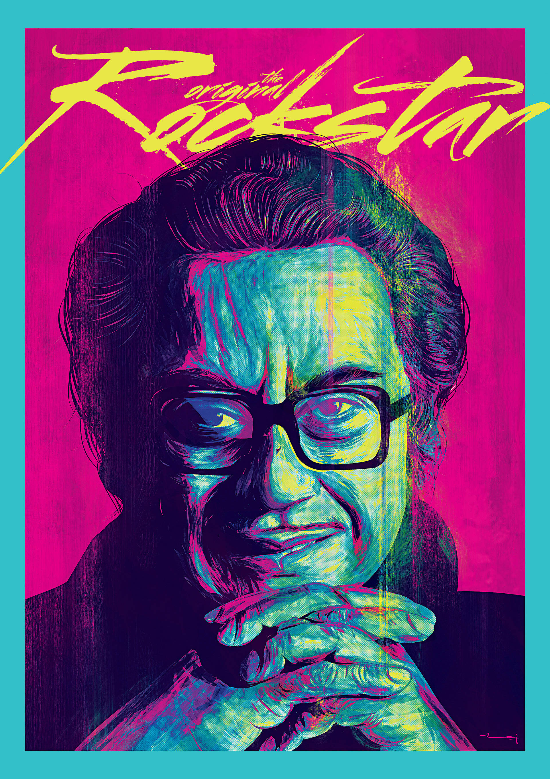 Kishore Kumar, vibrant pink and teal background, stylized portrait, 2K Phone Wallpaper