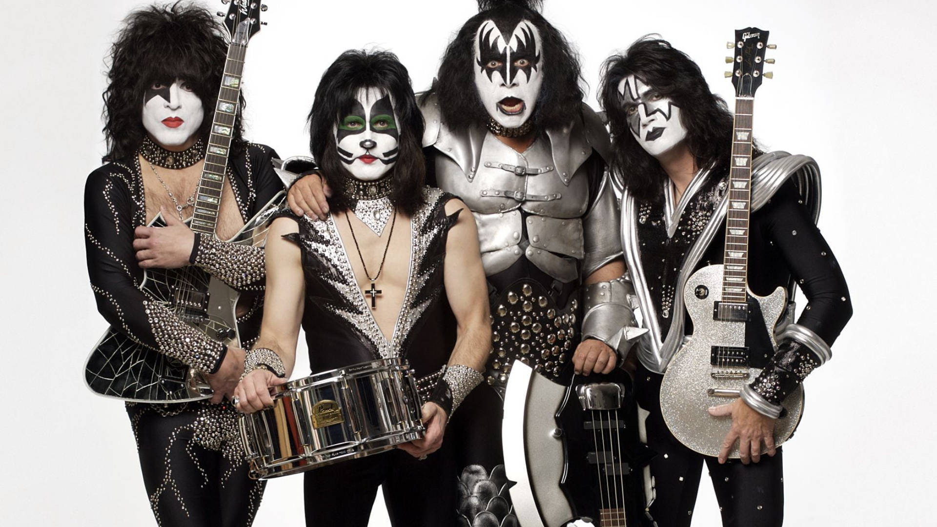 Kiss Band, black and silver costumes, dramatic face paint, Full HD Desktop Wallpaper