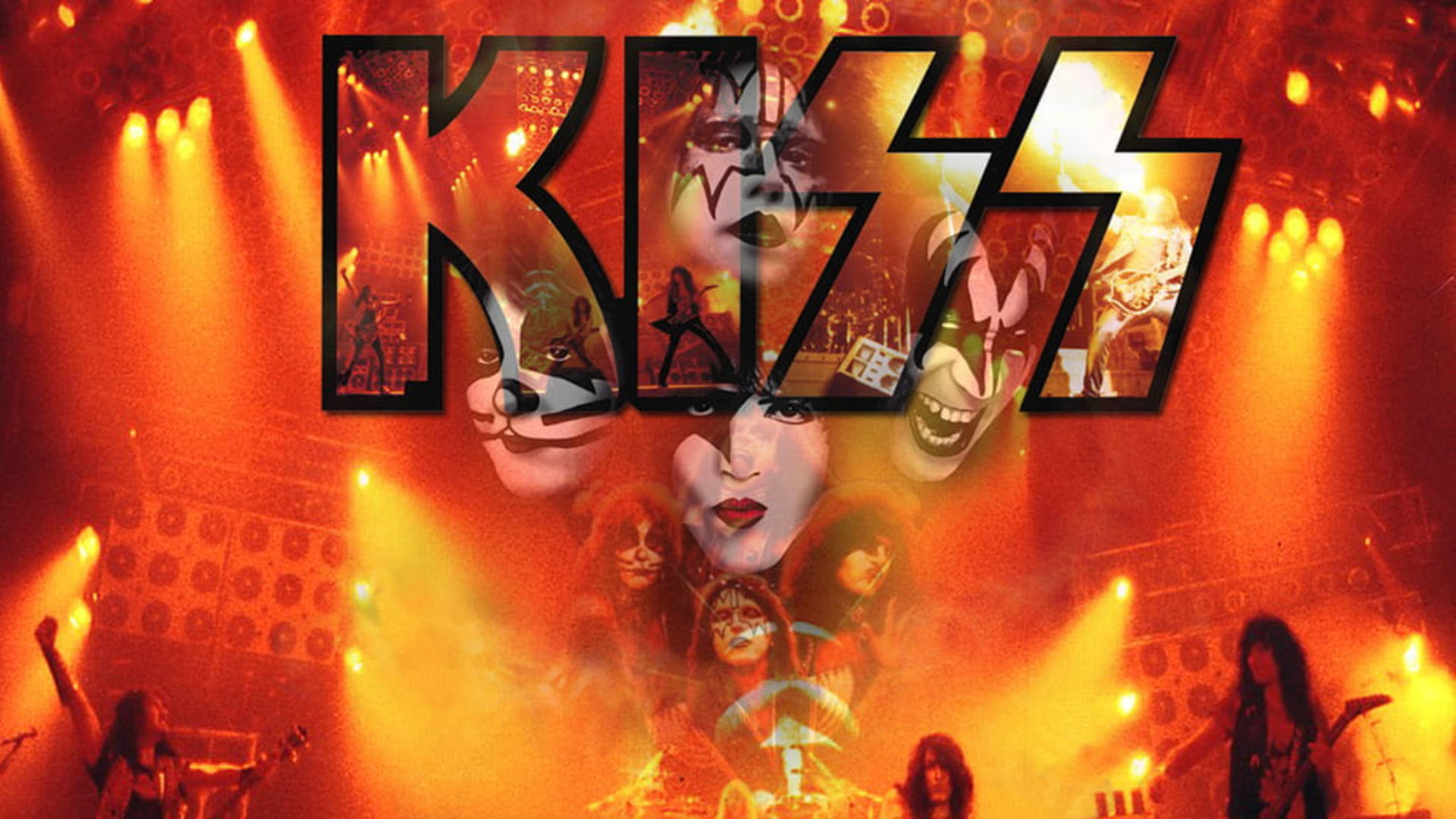 Kiss Band, iconic makeup, fiery orange stage lights, Full HD Desktop Wallpaper