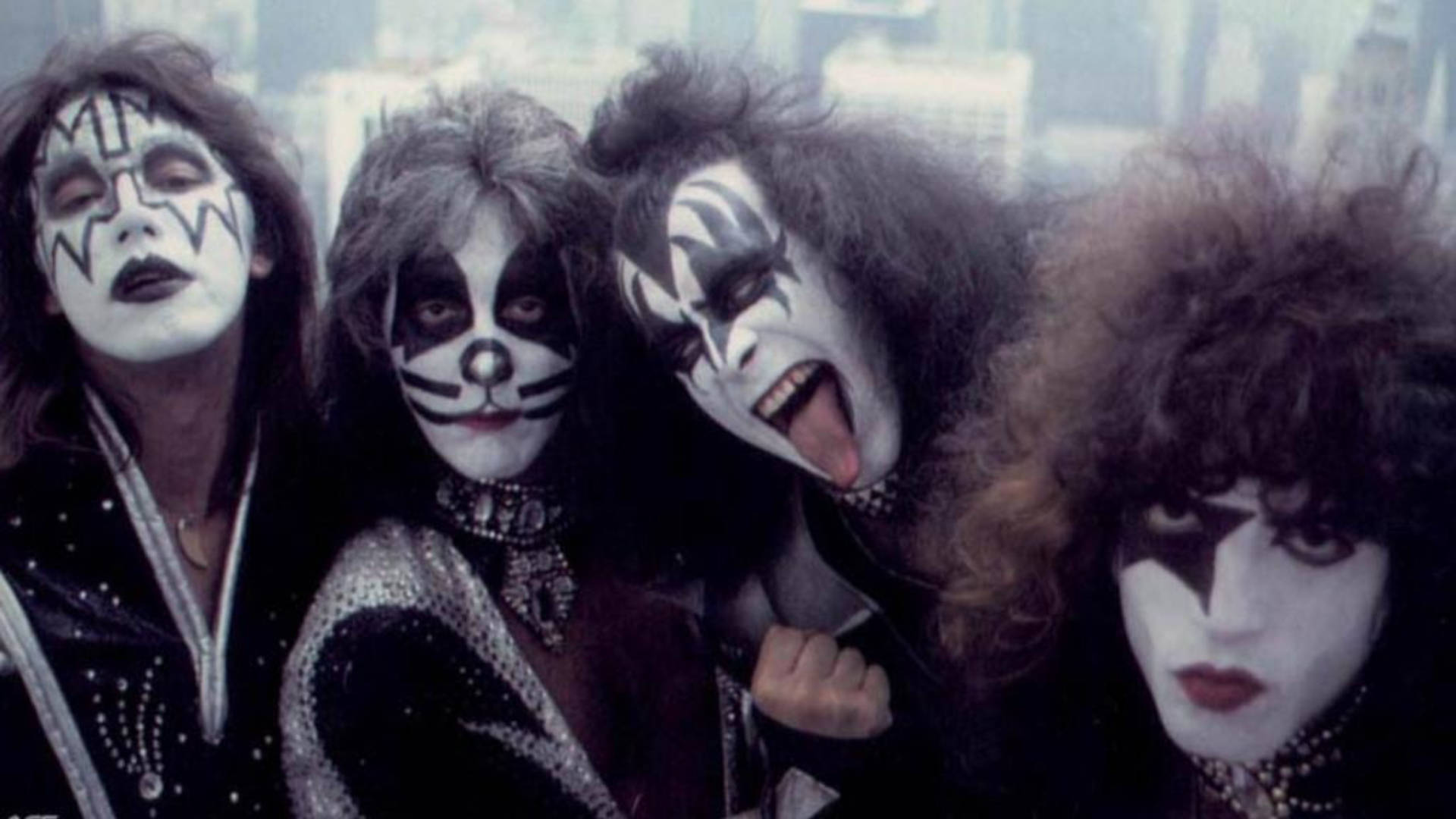 Kiss Band, black and white face paint, city skyline, Full HD Desktop Wallpaper