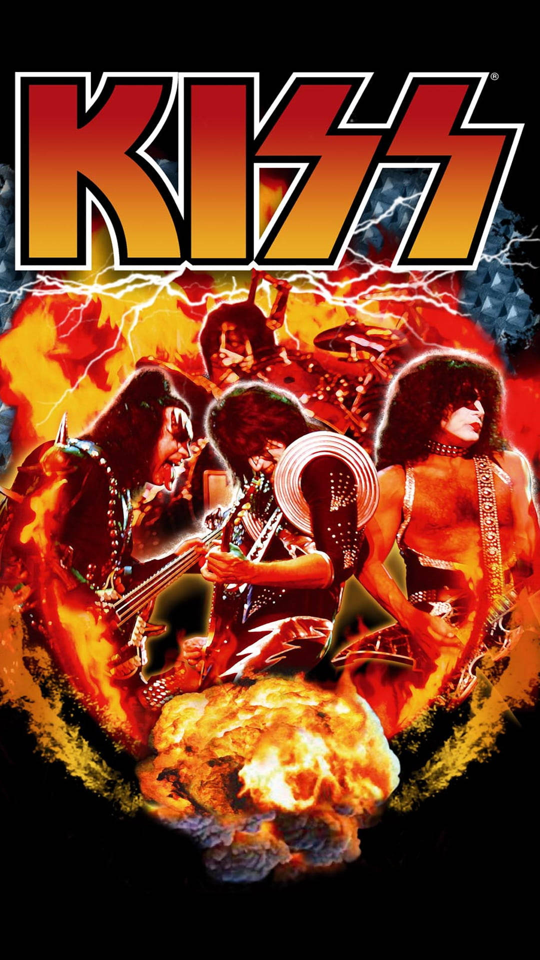 KISS band, iconic makeup, fiery explosions, Full HD Phone Wallpaper