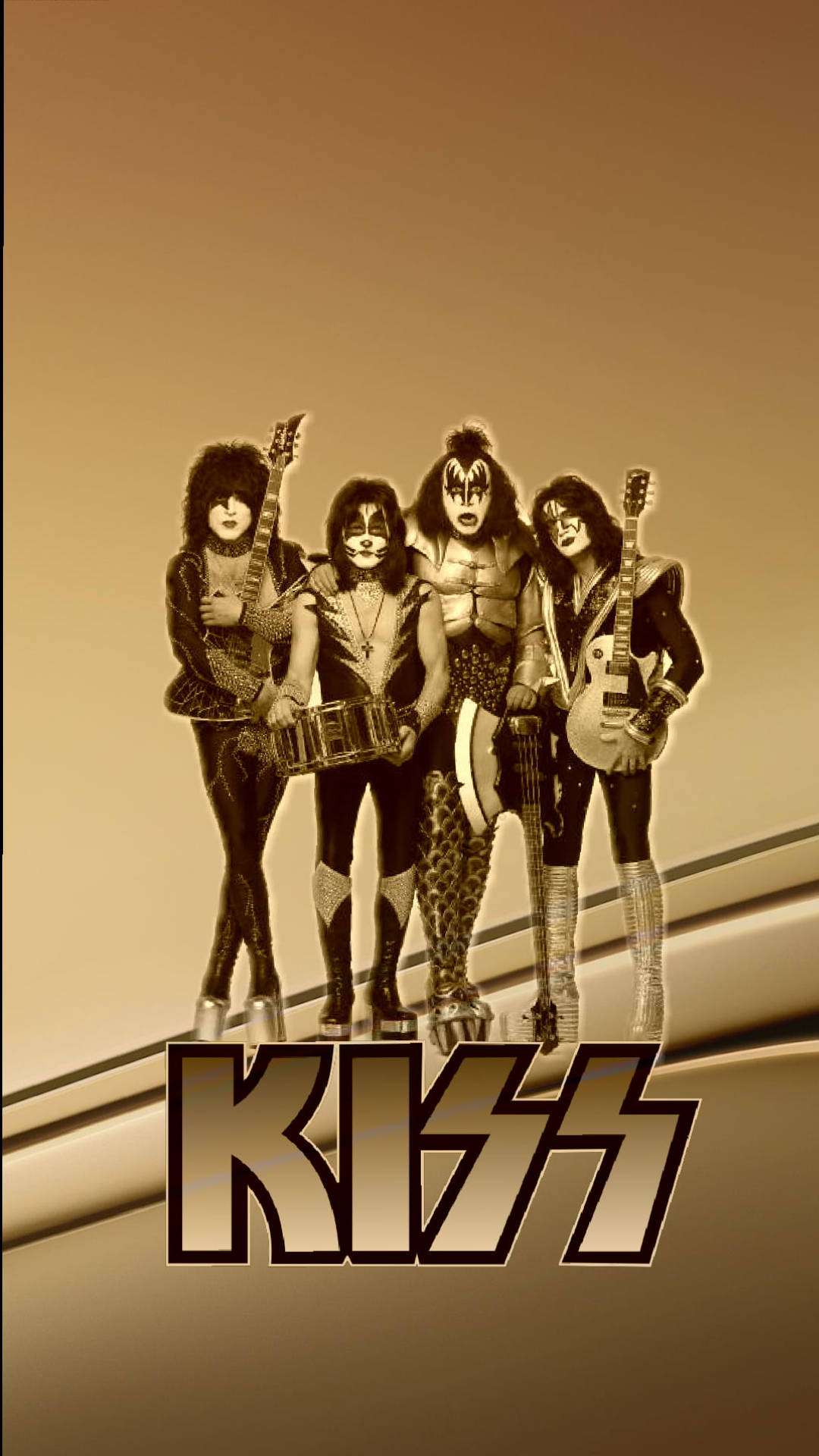 Kiss Band, sepia-toned background, guitars, Full HD Phone Wallpaper