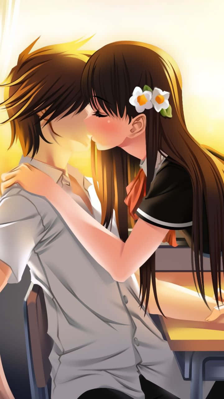 Kiss Cartoon, anime teens, tender kiss, HD Phone Wallpaper