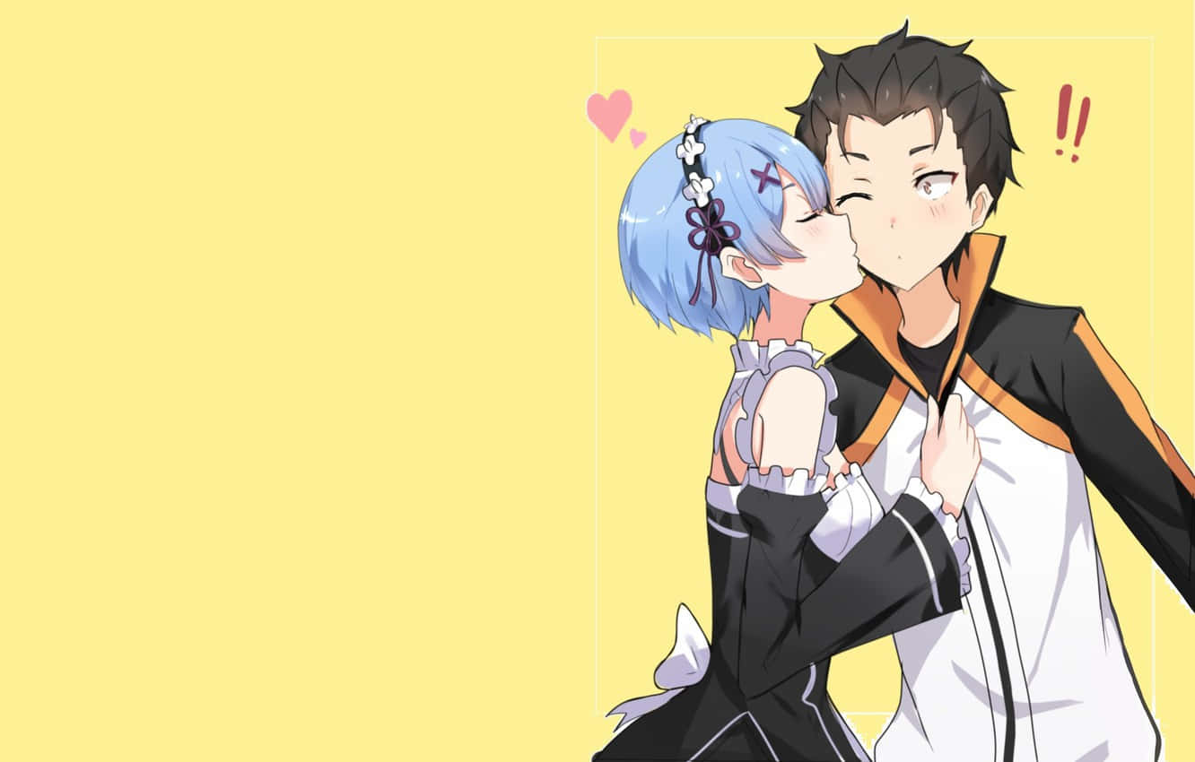 kiss cartoon, blue-haired anime girl, surprised boy, HD Desktop Wallpaper