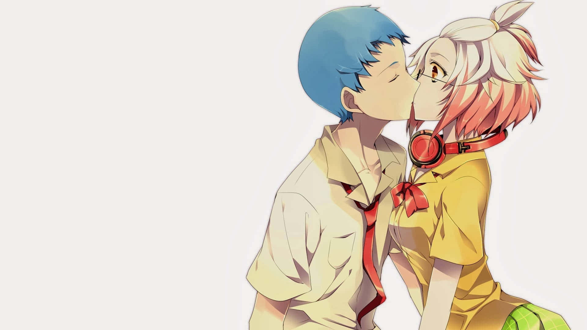 kiss cartoon, anime teens, blue hair, Full HD Desktop Wallpaper